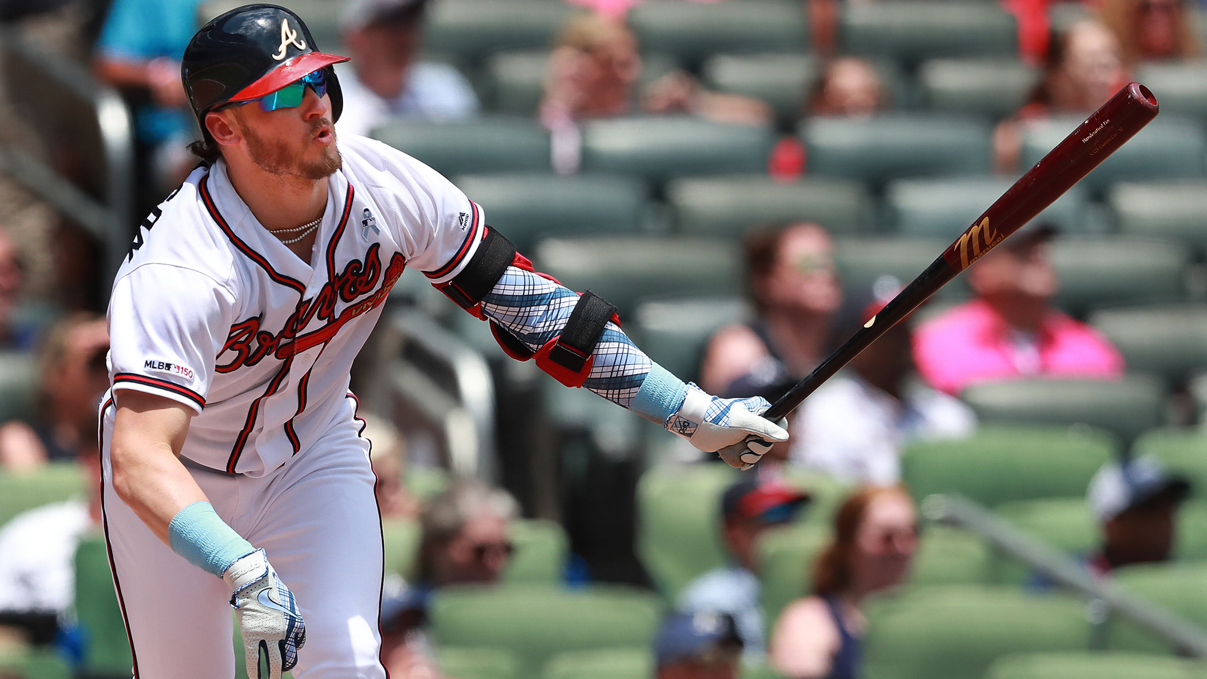 Third baseman Josh Donaldson hits a two-run homer to give the Braves a 5-0 lead over the Phillies in the third inning Sunday, June 16, 2019, at SunTrust Park in Atlanta.