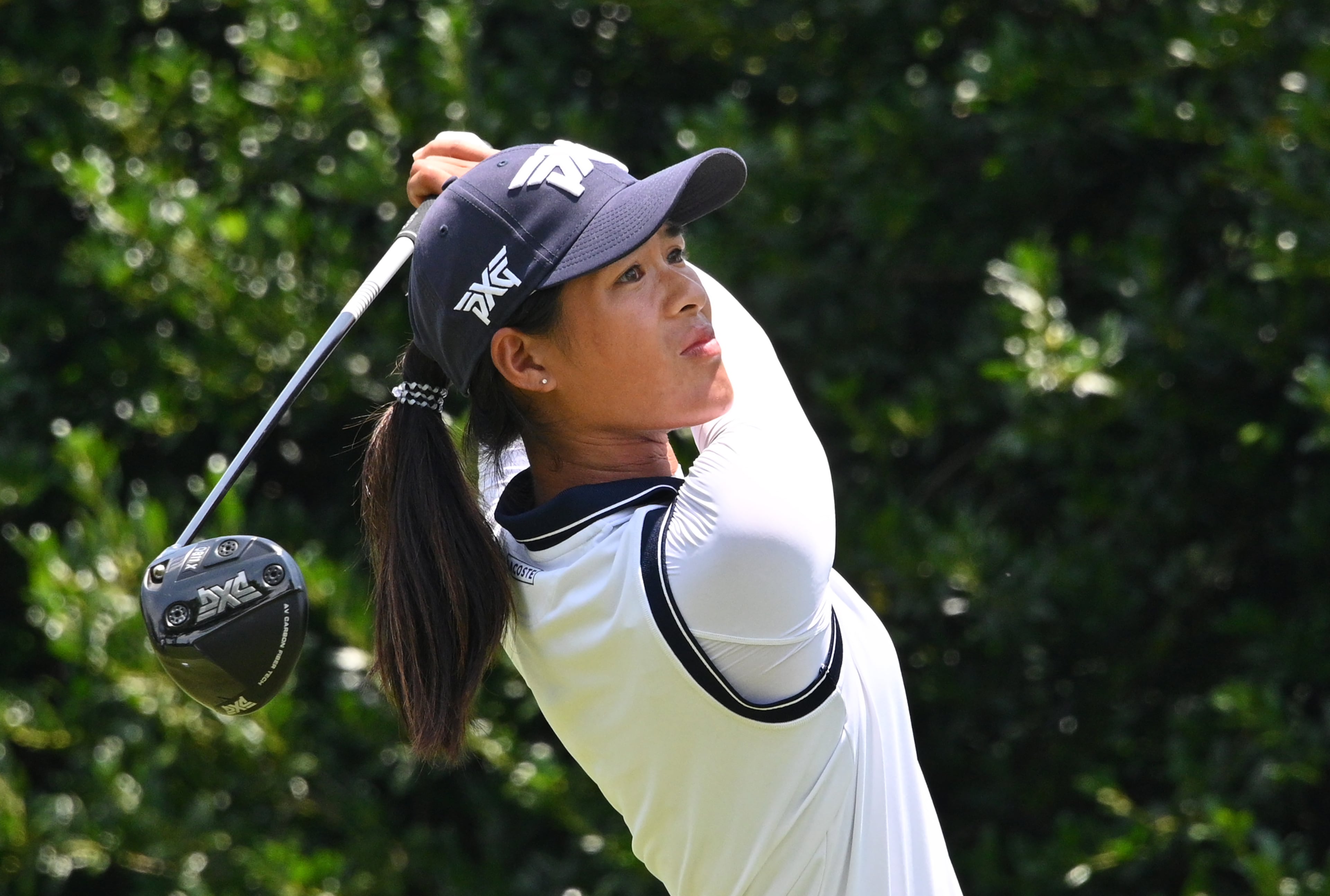 Celine Boutier tees off on the 9th hole. (Hyosub Shin / Hyosub.Shin@ajc.com)