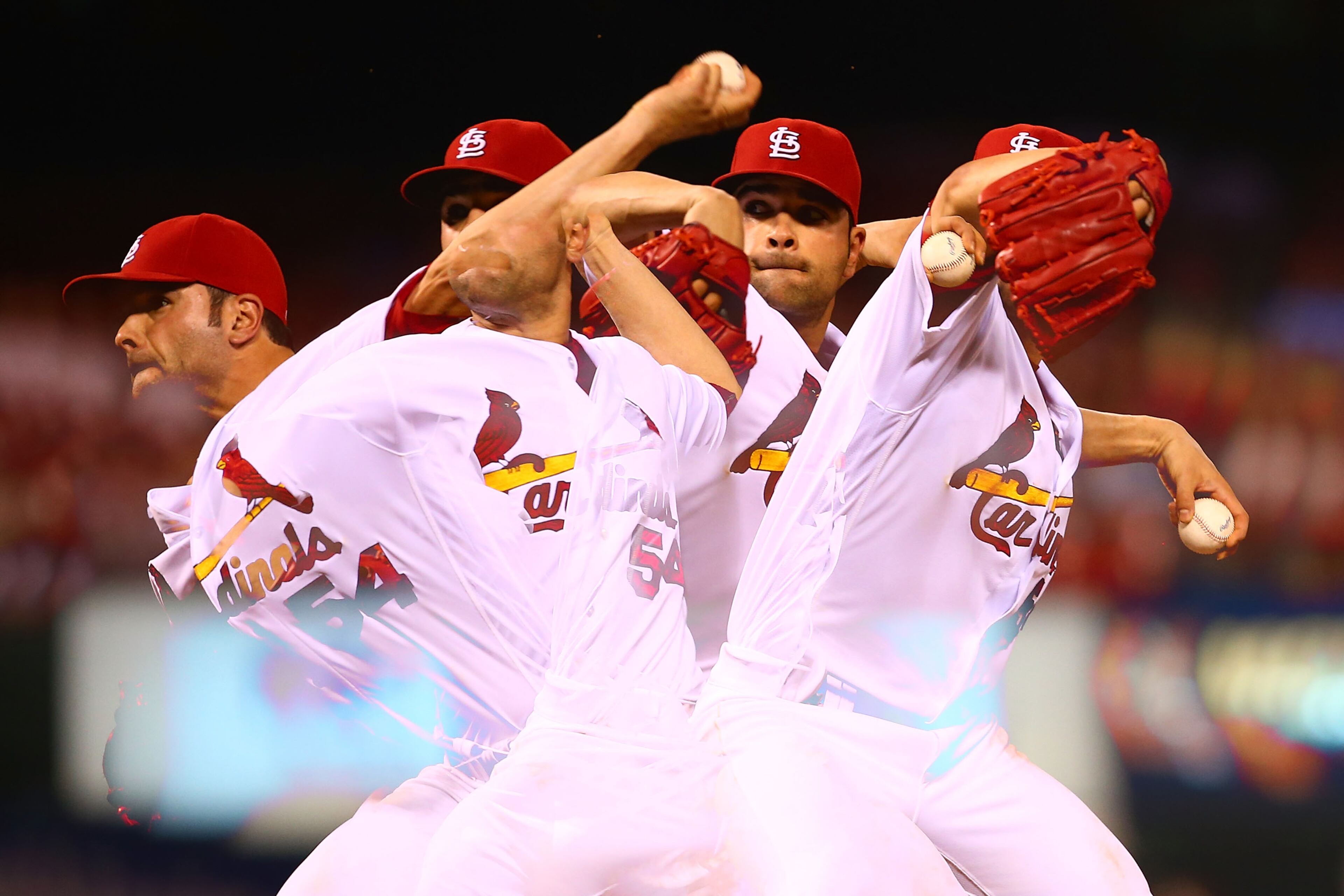 ST. LOUIS, MO - AUGUST 10: (EDITORS NOTE: Multiple exposures were combined in camera to produce this image.) Starter Jaime Garcia #54 of the St. Louis Cardinals pitches against the Cincinnati Reds in the eighth inning at Busch Stadium on August 10, 2016 in St. Louis, Missouri. (Photo by Dilip Vishwanat/Getty Images)