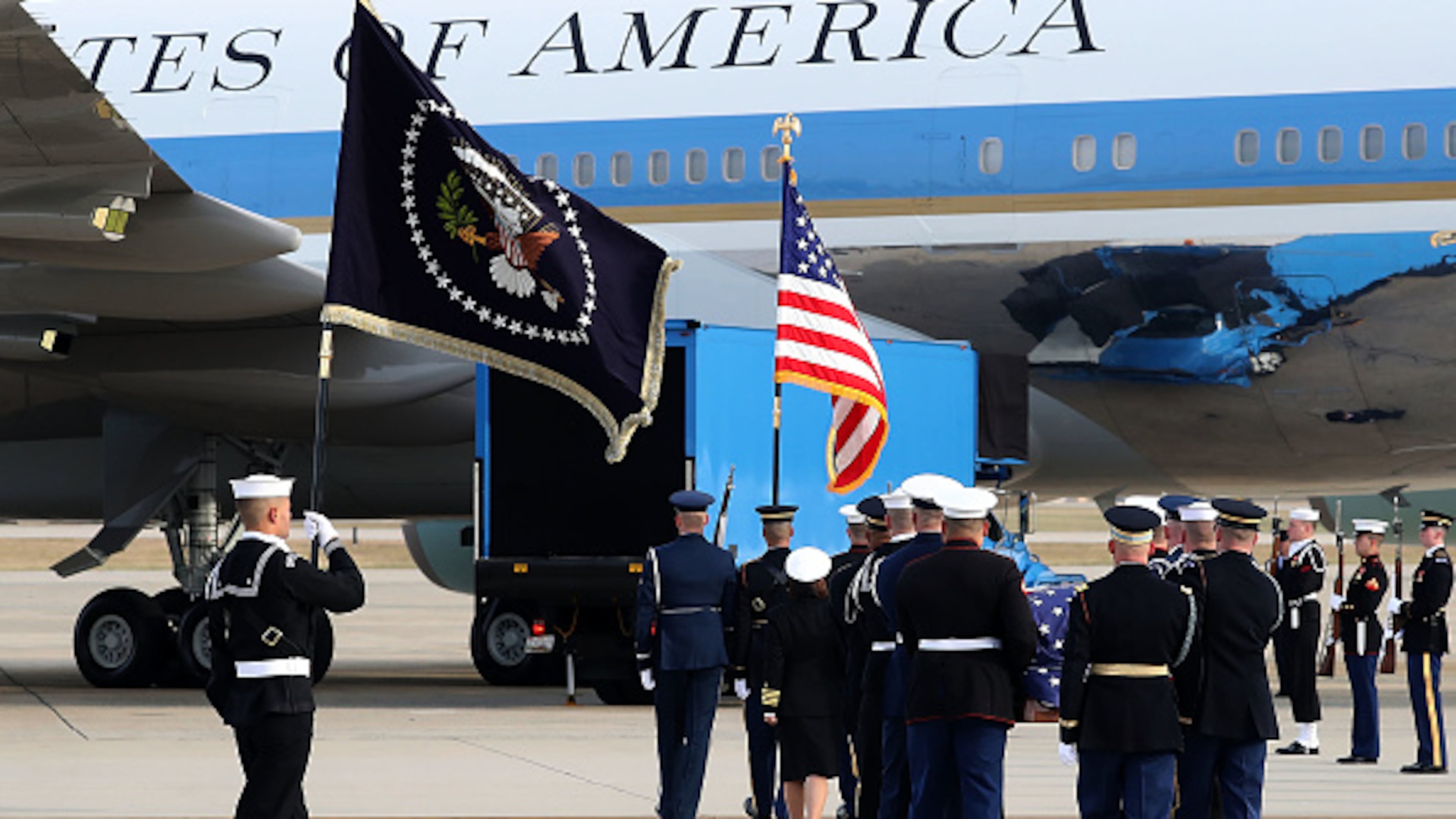 A U.S. military honor guard carries the casket of former U.S. President George H.W. Bush in 2018. Presidential funerals are carefully scripted affairs. Former President Jimmy Carter's events will take place in Plains and Atlanta, Georgia, and in Washington, D.C. (Photo by Mark Wilson/Getty Images)