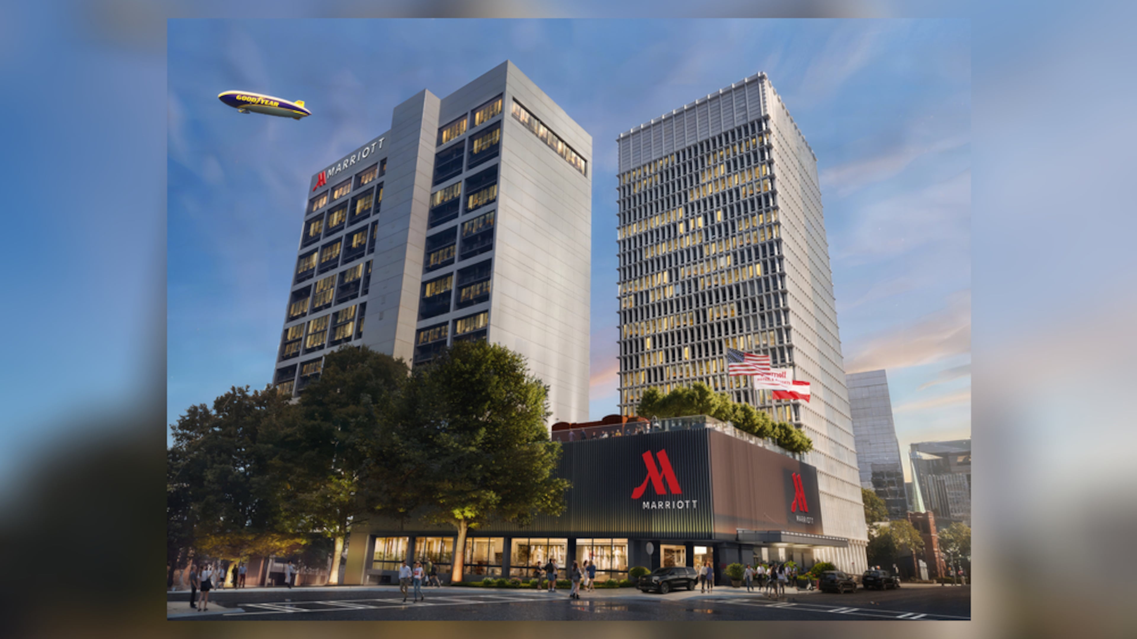 This is a rendering of Marriott Atlanta, a planned refresh of the Crowne Plaza Atlanta Midtown hotel at 590 W Peachtree St. (Courtesy of Monomoy Property Ventures)