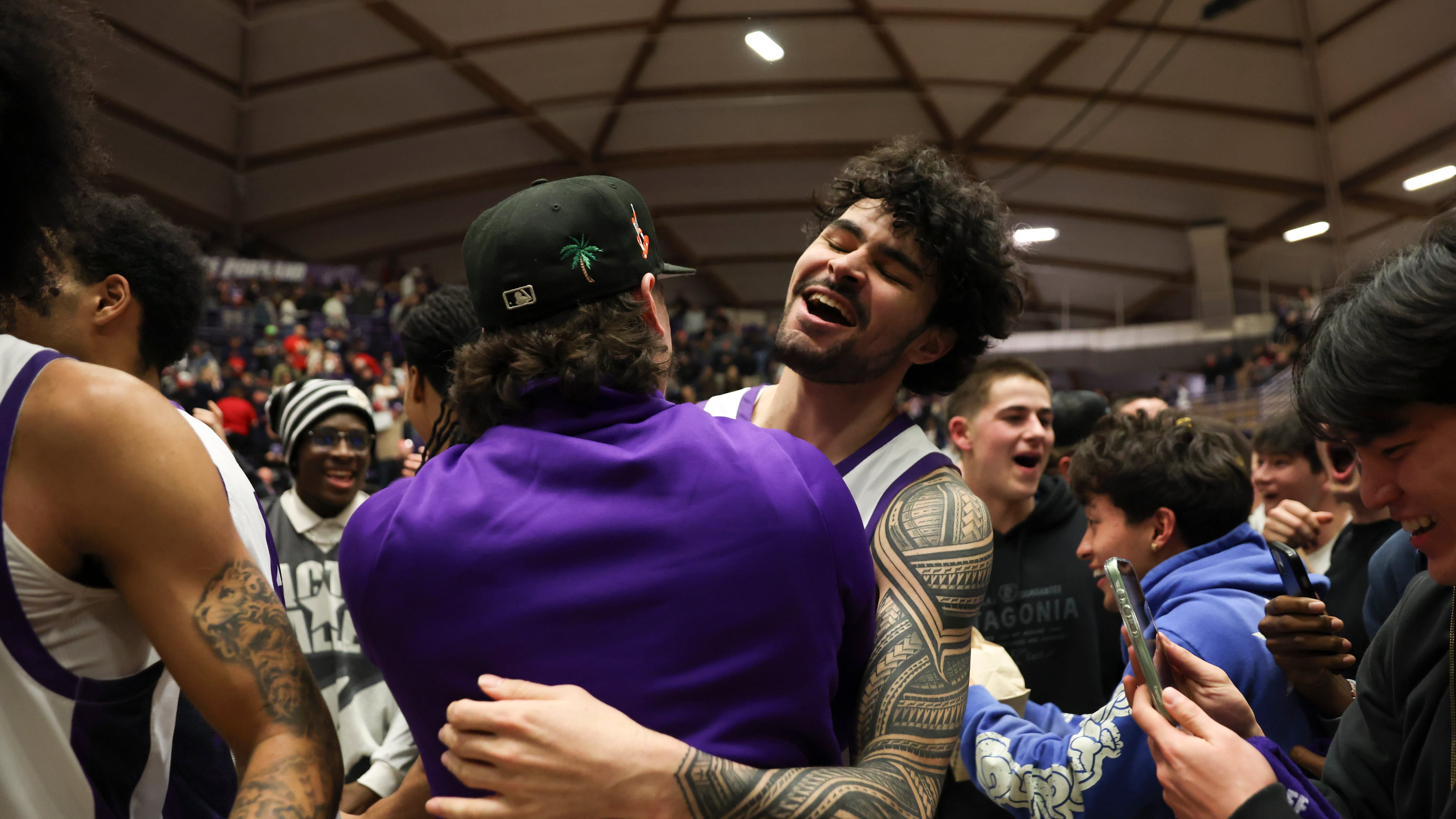 Portland forward Cameron Williams celebrates his team's win over Gonzaga following an NCAA college basketball game in Portland, Ore., Wednesday, Feb. 4, 2026. (AP Photo/Amanda Loman)