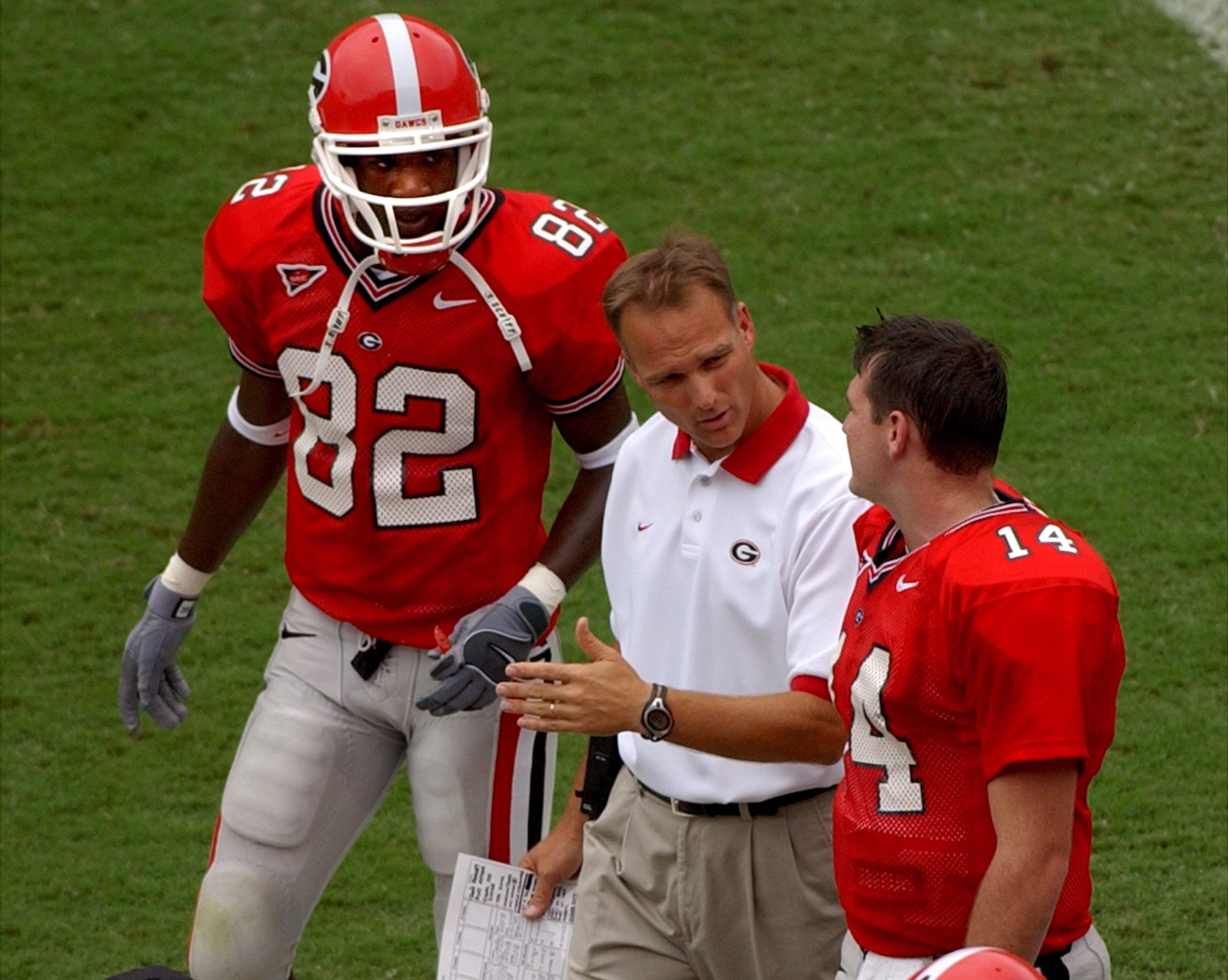 Richt, Fred Gibson (82) and Greene during a 45-7 victory over Northwestern State in 2002.