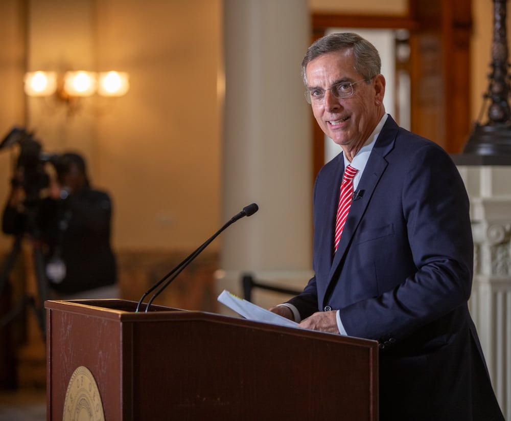 Secretary of State Brad Raffensperger, seen here during a news conference at the state Capitol in 2024. (Jenni Girtman for the AJC)