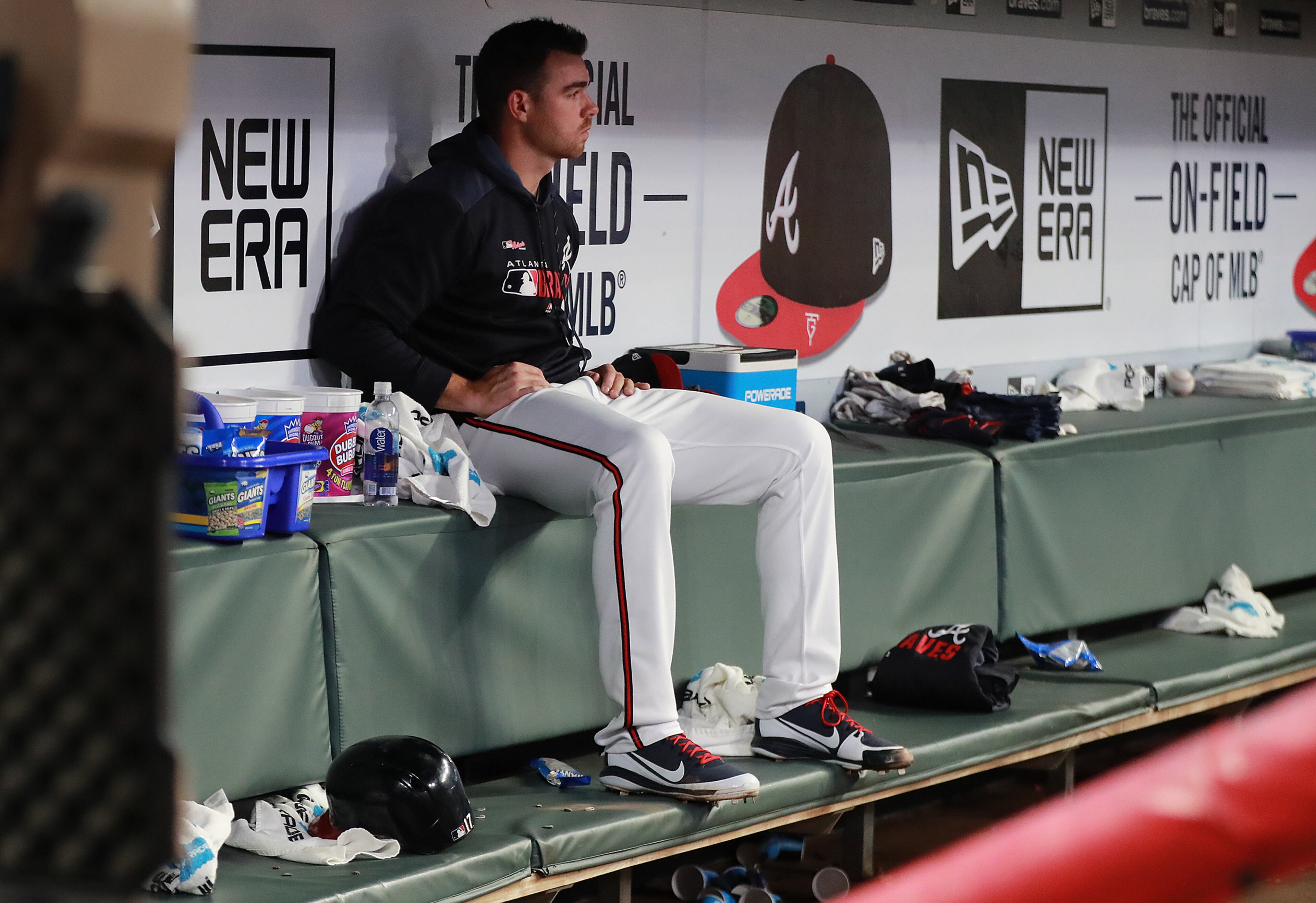 Braves pitcher Jesse Biddle is the last to leave the dugout after the end of the game. Curtis Compton/ccompton@ajc.com