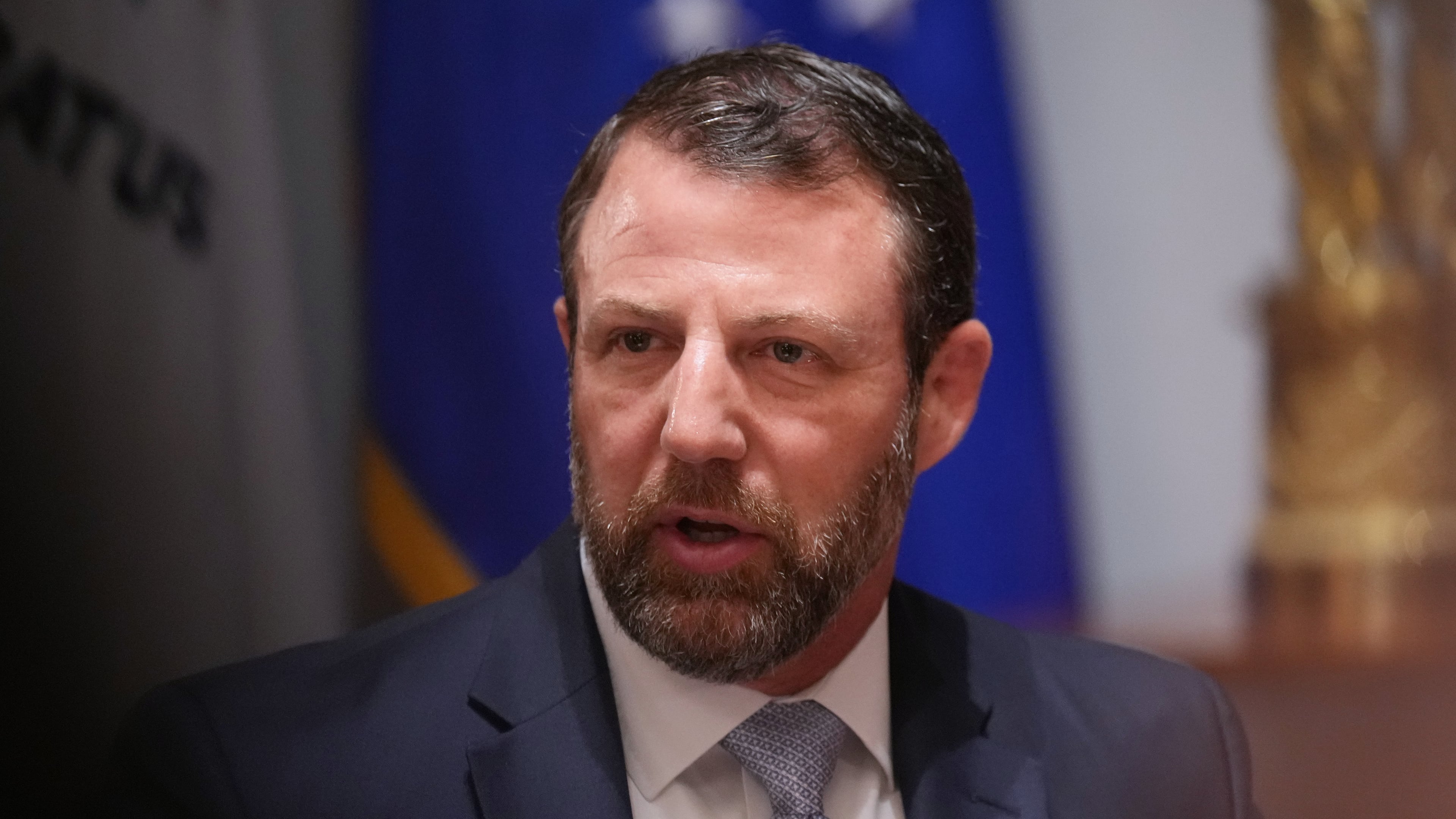 Secretary of Homeland Security Markwayne Mullin, speaks during a Cabinet meeting at the White House, Wednesday, May 27, 2026, in Washington. (AP Photo/Jacquelyn Martin)