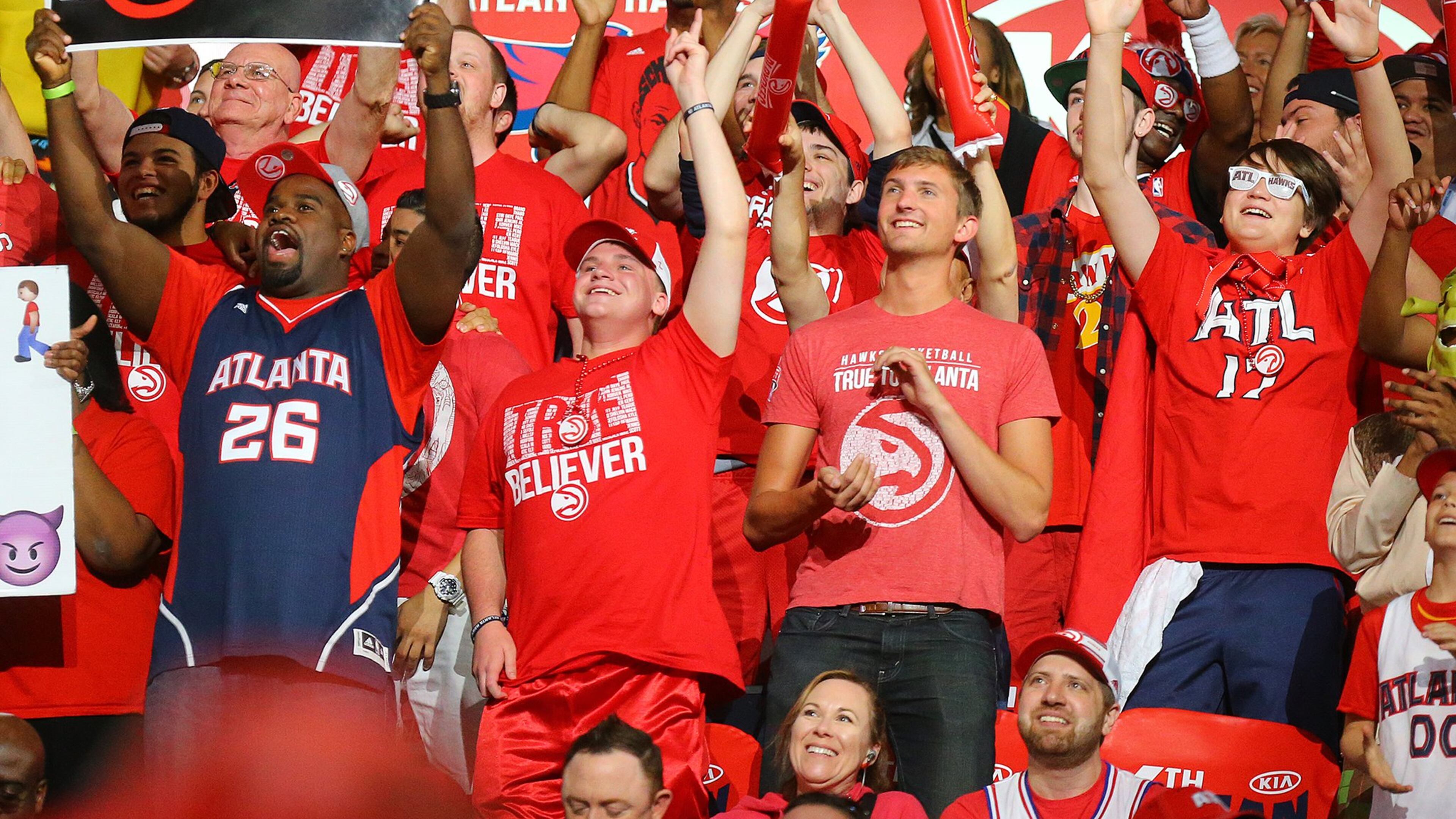 Hawks fans cheer their team during the first half against the Wizards in Game 1 of the Eastern Conference semifinals on Sunday, May 3, 2015, in Atlanta.