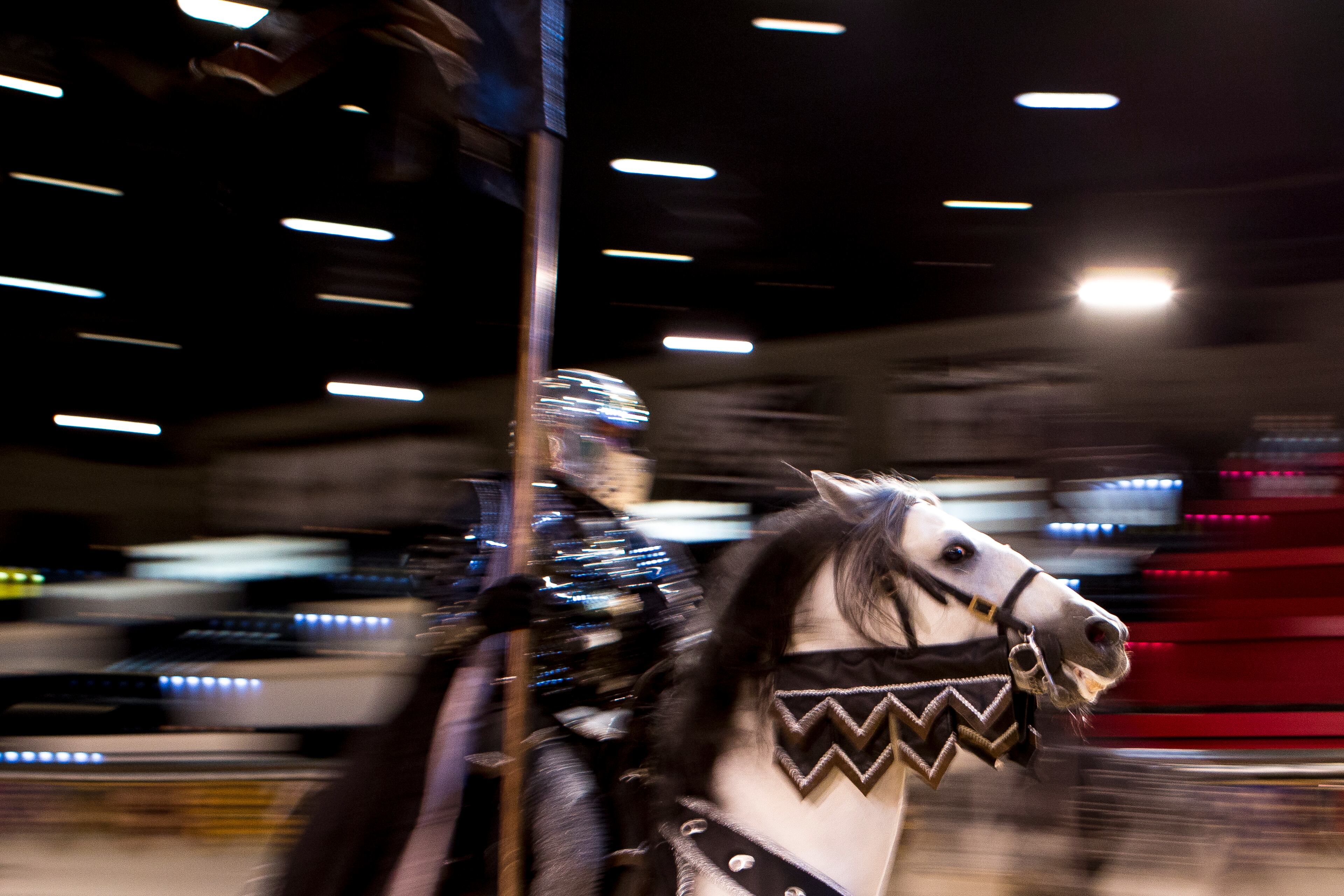 11-9-18 - Lawrenceville, GA - A knight rides his horse while practicing hours before the new show's opening night at Medieval Times Dinner & Tournament at Sugarloaf Mills in Lawrenceville, Ga., on Friday, Nov. 9, 2018. For the first time in its nearly 35 year history, the show is introducing a queen into its performance. (Casey Sykes for The Atlanta Journal-Constitution)