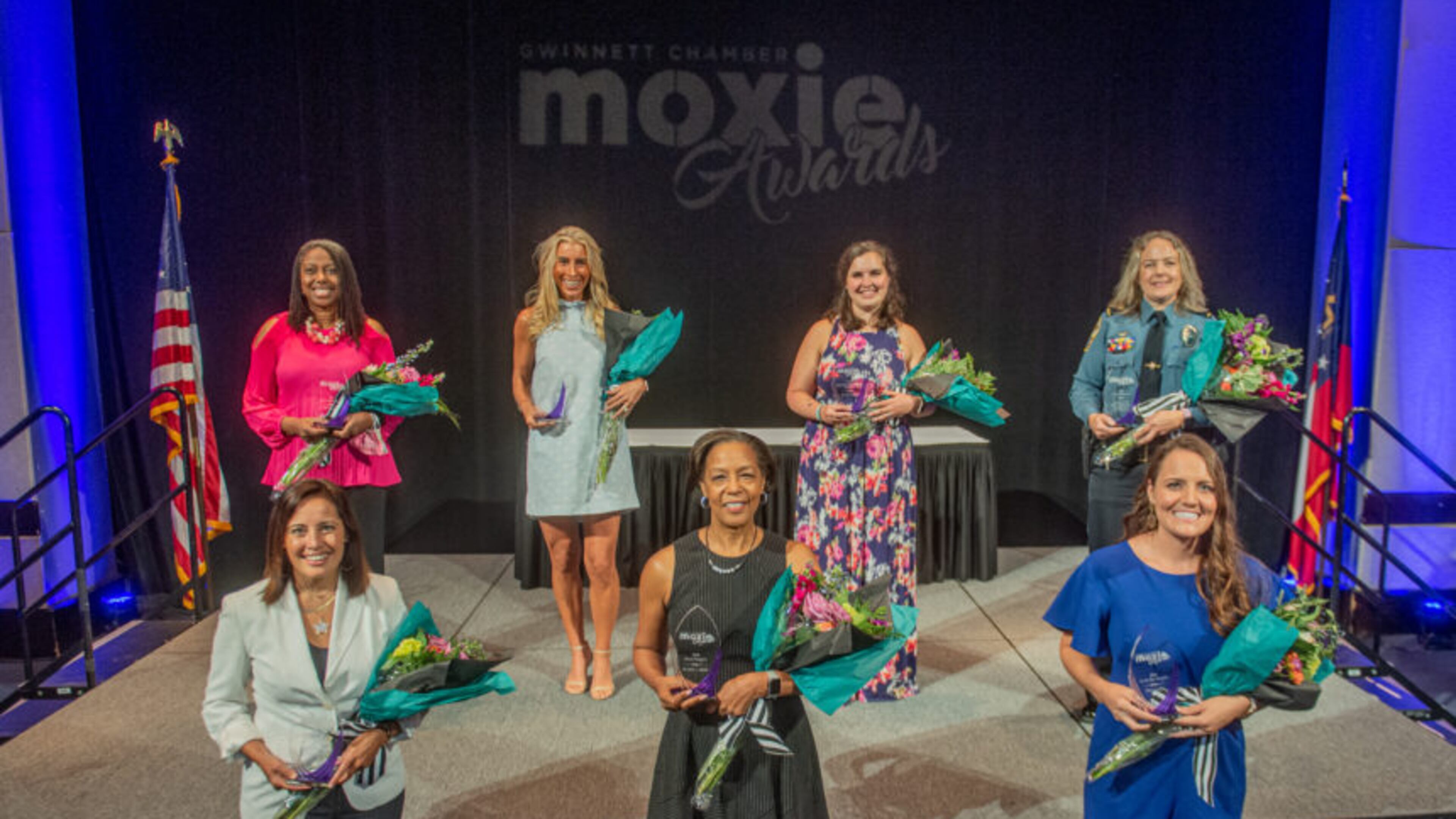 Gwinnett Chamber's 2020 Moxie Award winners: Enlightened Employer Award – Joy Mitchell, CEO, Office Creations
Greater Good Award – Linnea Miller, Founder and Owner, Long Table, LLC
Influence Award – Assistant Chief Gale Higginbotham, Gwinnett County Police Department
On the Rise Award – Claire Gordon, Commercial Banker, BB&T Now Truist
Outstanding Organization Award – Amanda Sutt, Creative Director & CEO, Rock, Paper, Scissors
Pay It Forward Award – Melanie Conner, CEO, Rainbow Village
Moxie Award – Dr. Jann L. Joseph, President of Georgia Gwinnett College. (Courtesy Gwinnett Chamber)