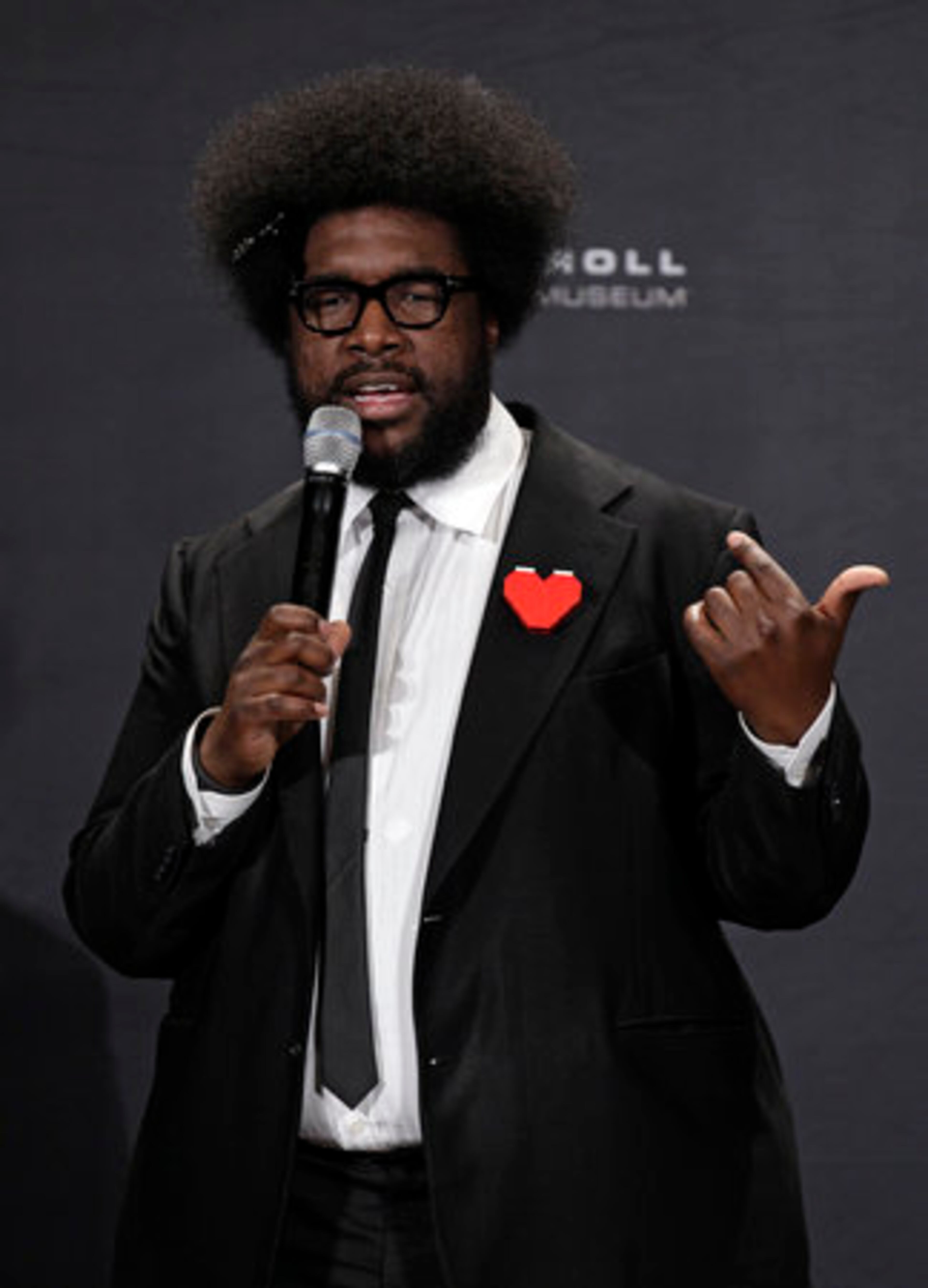 Musician Ahmir Khalib Thompson aka ?uestlove of the Roots, appears in the press room.