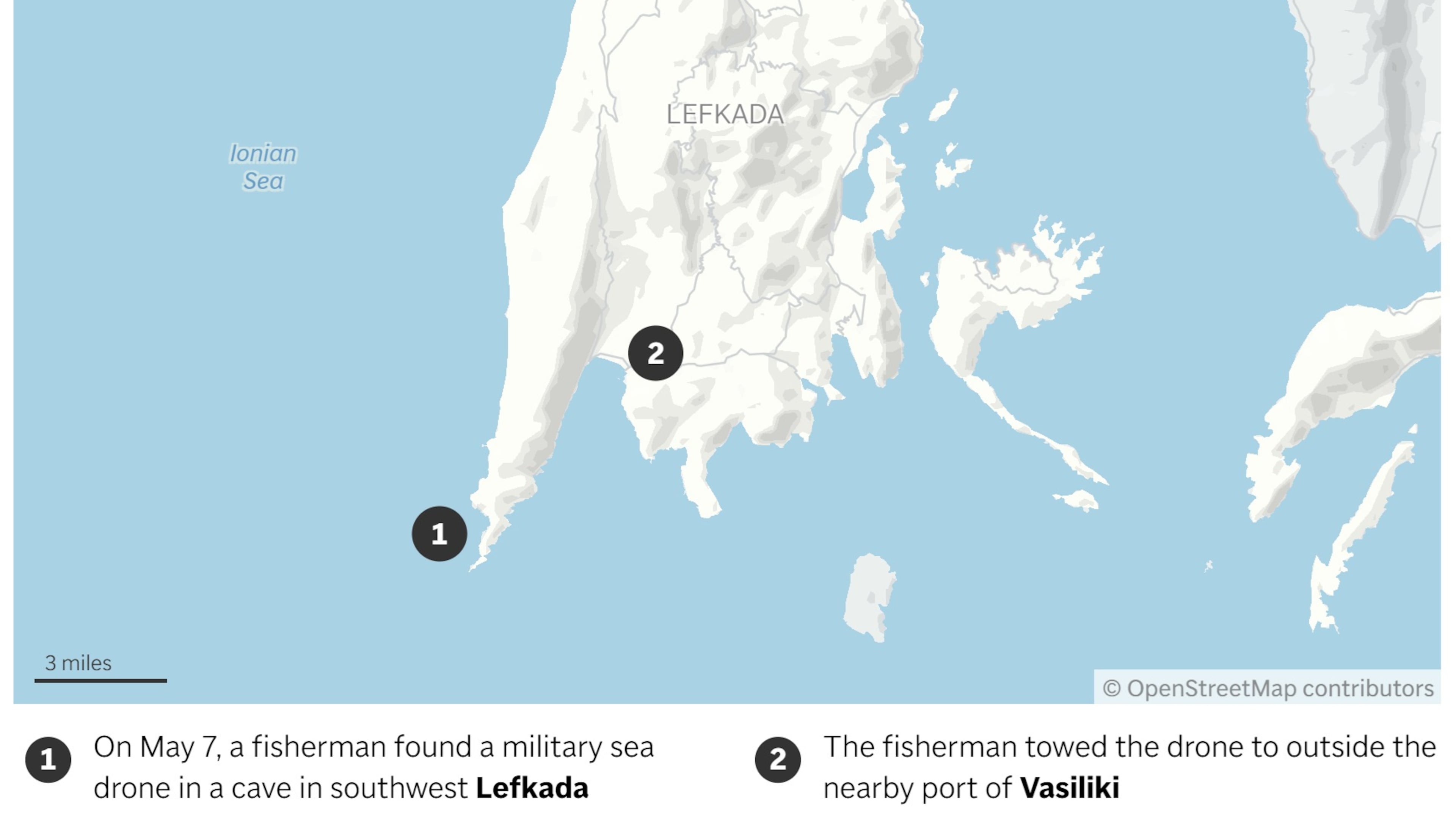 Map showing where a military drone was found on the Greek island of Lefkada. (AP Digital Embed)