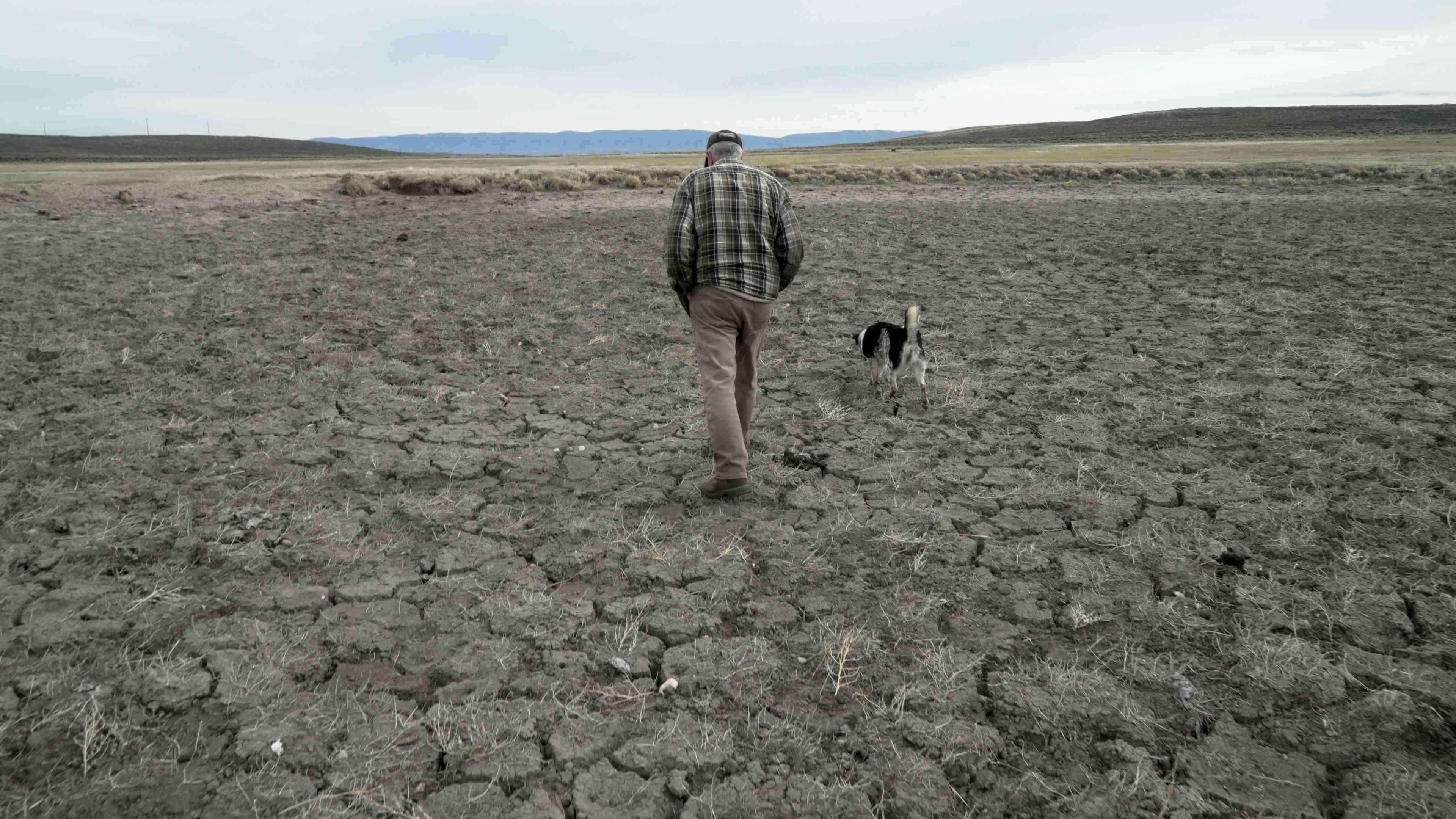 FILE - Philip Anderson walks across a dry stock pond March 31, 2026, in Walden, Colo. (AP Photo/Brittany Peterson, File)