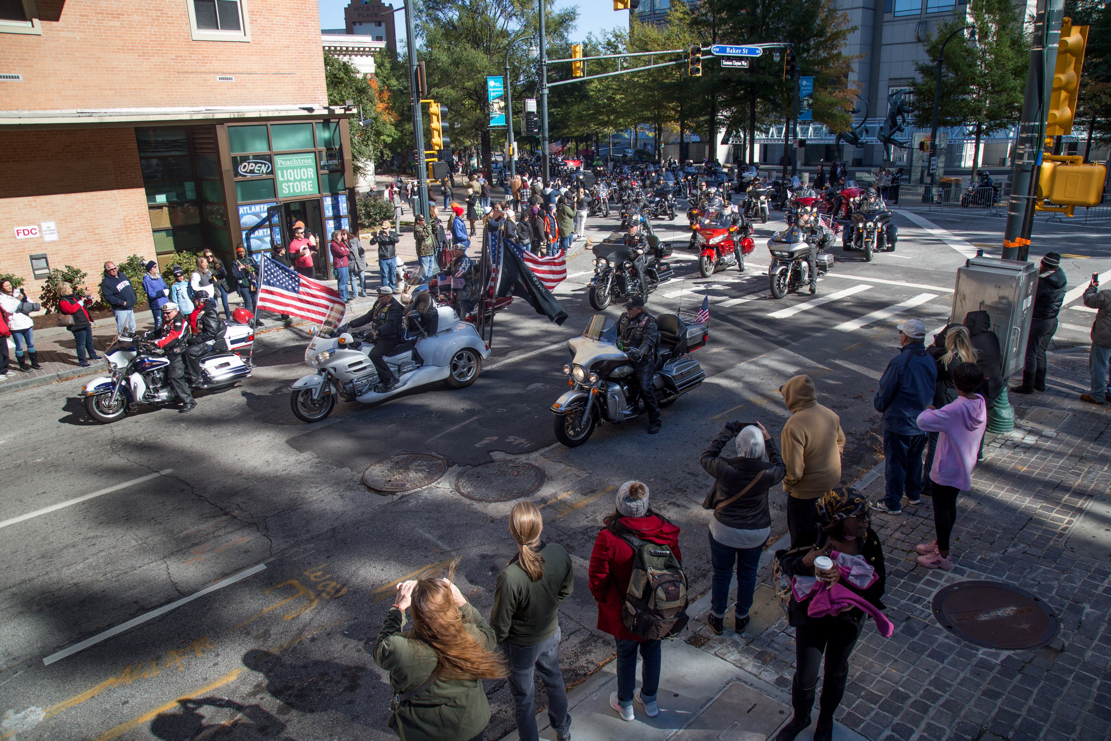Motorcycles head down Baker St N.W. at the start of the 37th Annual Atlanta Veterans Day Parade on Saturday, November 10, 2018, in Atlanta. (Photo: STEVE SCHAEFER / SPECIAL TO THE AJC)