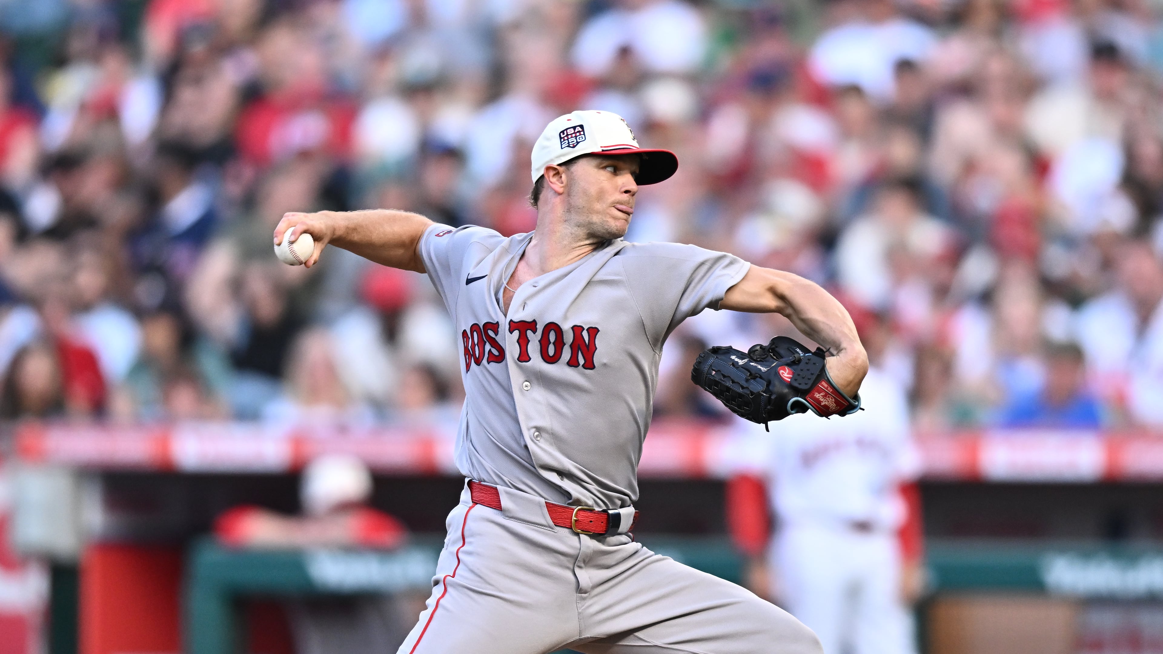The Red Sox's Sonny Gray delivers a pitch during the first inning against the Angels on July 4, 2026, in Anaheim, California. (William Liang/AP)