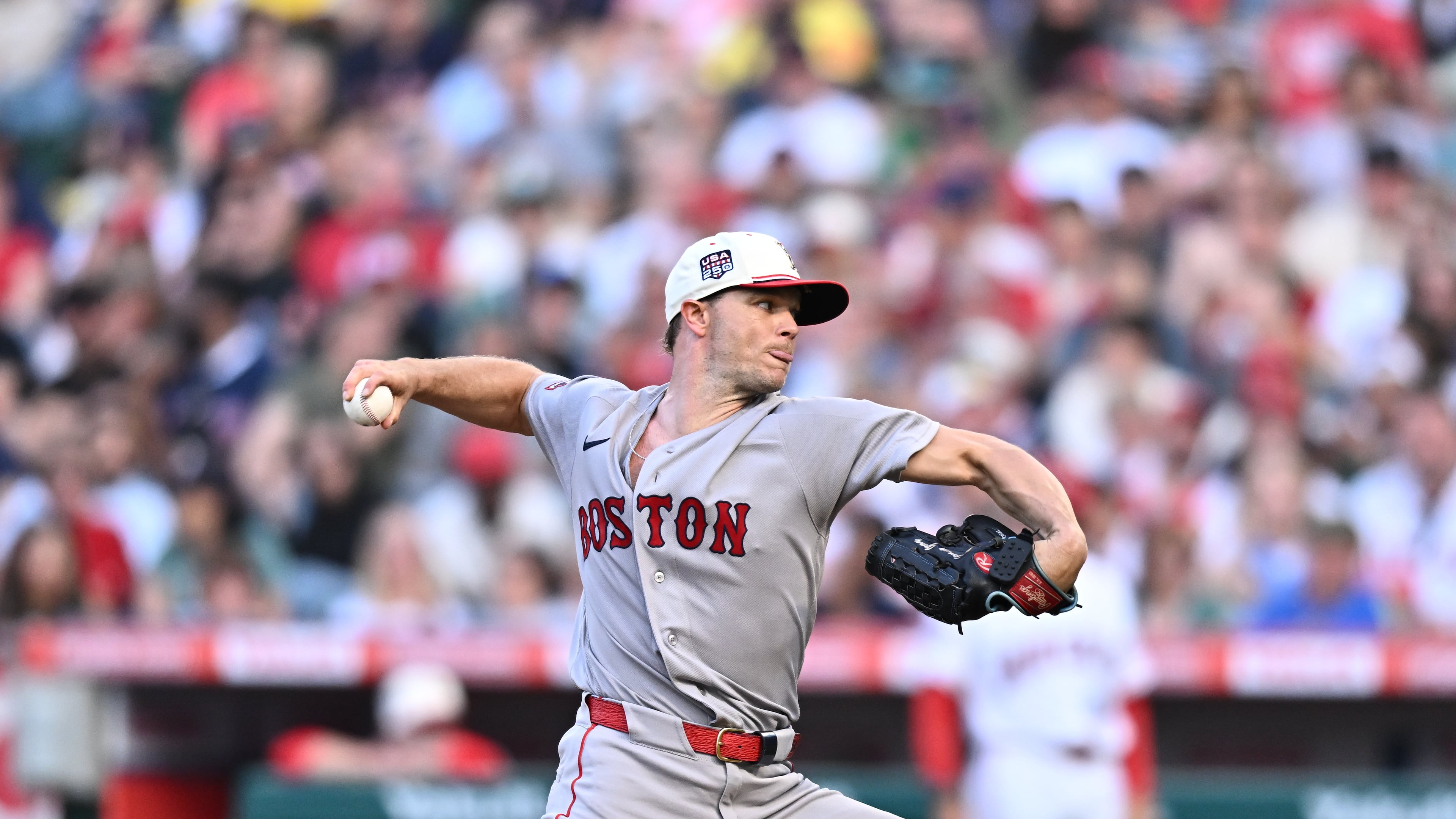 Boston Red Sox pitcher Sonny Gray delivers during the first inning of a baseball game against the Los Angeles Angels, Saturday, July 4, 2026, in Anaheim, Calif. (AP Photo/William Liang)
