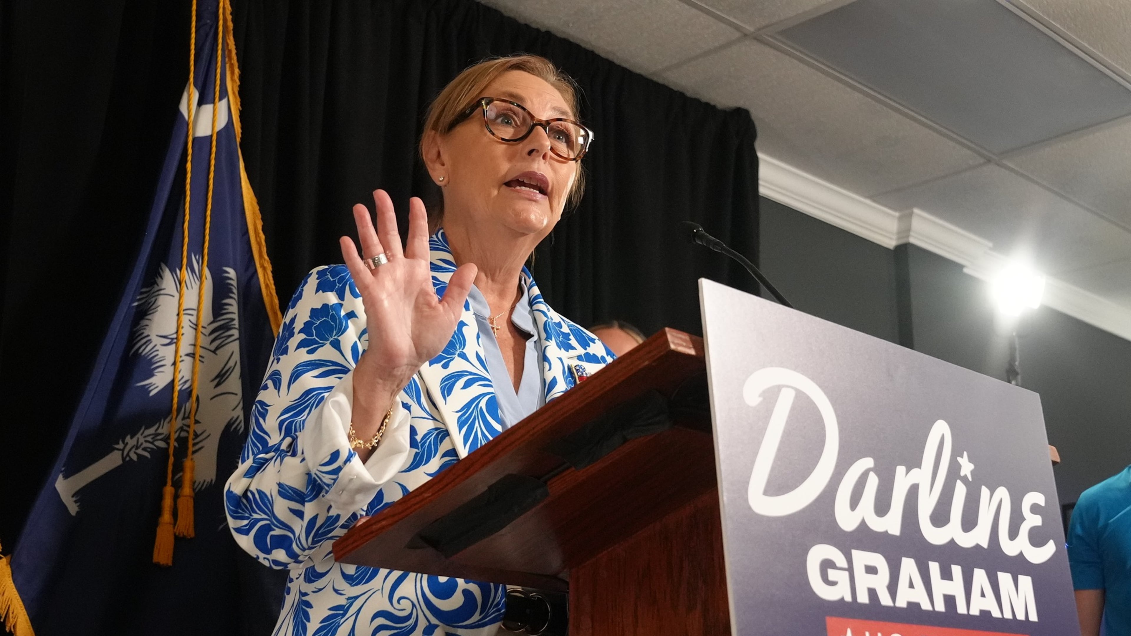 Sen. Darline Graham, R-S.C., speaks with reporters after advancing to a special GOP Senate primary runoff to replace Sen. Lindsey Graham, R-S.C., Tuesday, Aug. 11, 2026, in Columbia, S.C. (AP Photo/Meg Kinnard)