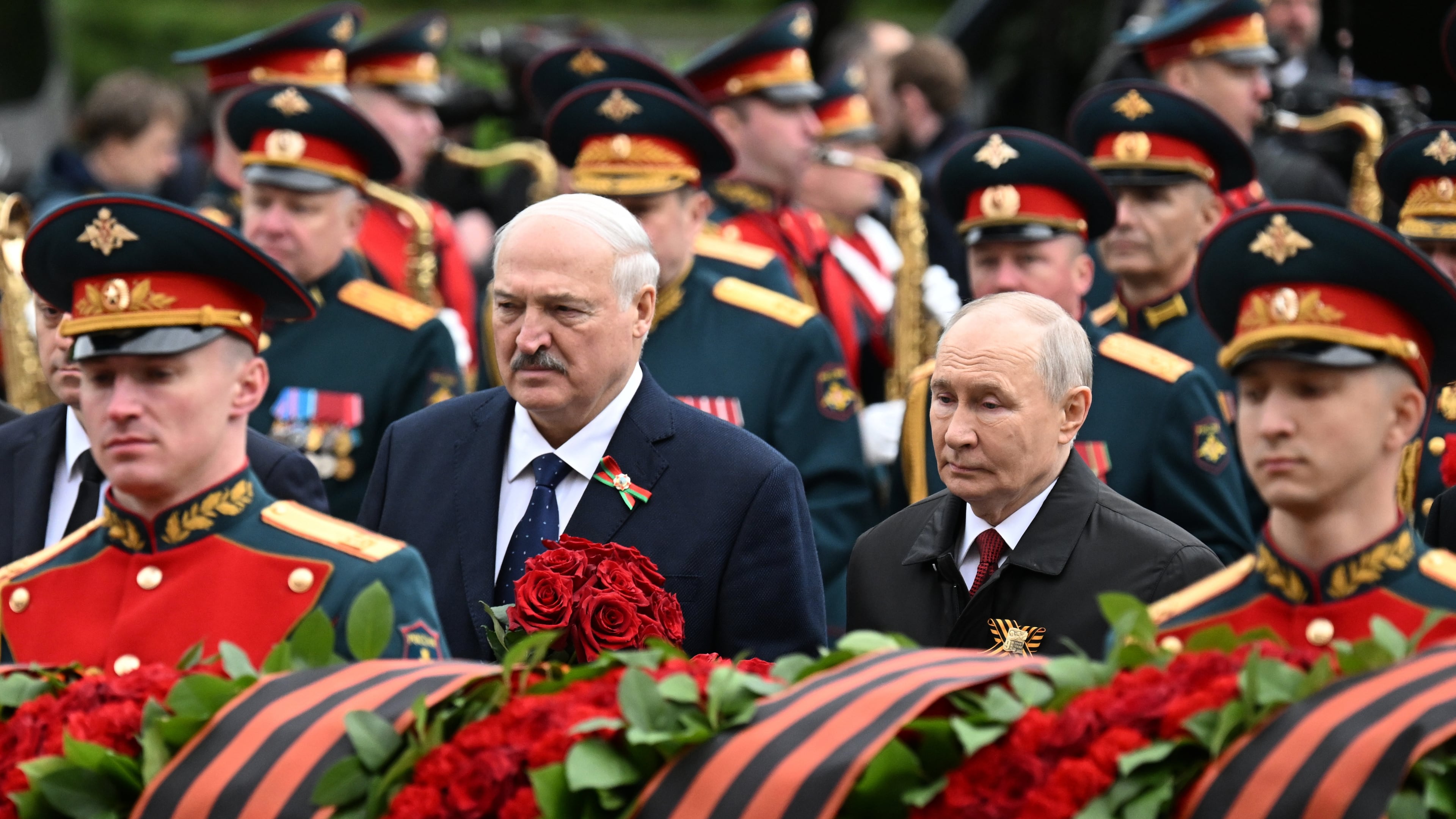 Russian President Vladimir Putin, left,and Belarusian President Alexander Lukashenko, attend a ceremony to lay flowers at the Tomb of the Unknown Soldier by the Kremlin wall inMoscow, Saturday, May 9, 2026, during celebrations of the 81st anniversary of the Soviet Union's victory over Nazi Germany during World War II. (Pelagiya Tikhonova, Sputnik, Kremlin Pool Photo via AP)