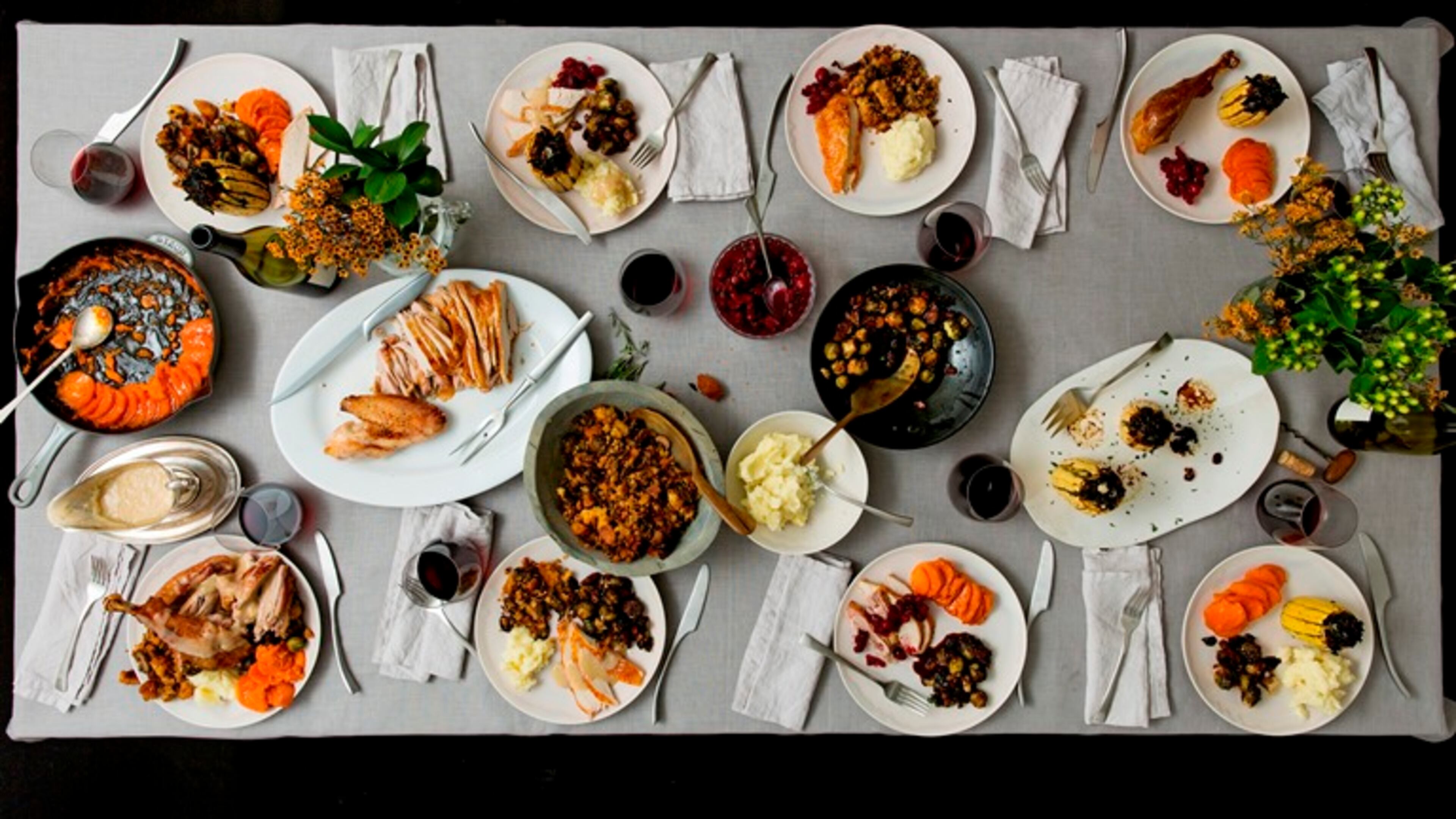 A hearty Thanksgiving meal for eight, in New York, Oct. 31, 2015. On the menu: simple roast turkey, whole-roasted stuffed delicata squash, garlic mashed potatoes, two way stuffing with mushrooms and bacon, cranberry sauce with chilies, brussels sprouts with pancetta, make-ahead gravy and Harvey House candied sweet potatoes.