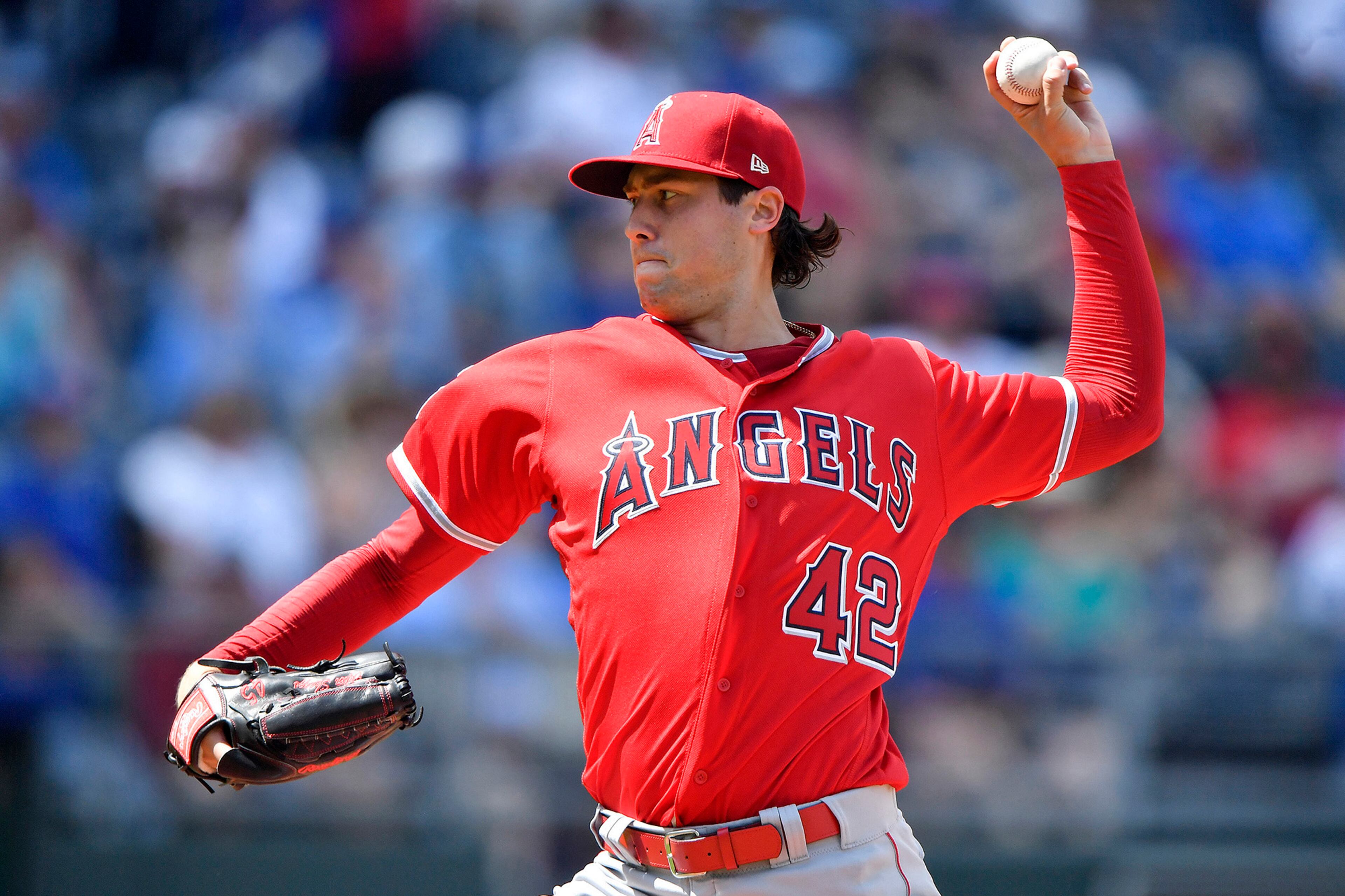 In this file photo, Los Angeles Angels starting pitcher Tyler Skaggs throws in the first inning during a baseball game against the Kansas City Royals on June 25, 2018, at Kauffman Stadium in Kansas City, Mo.