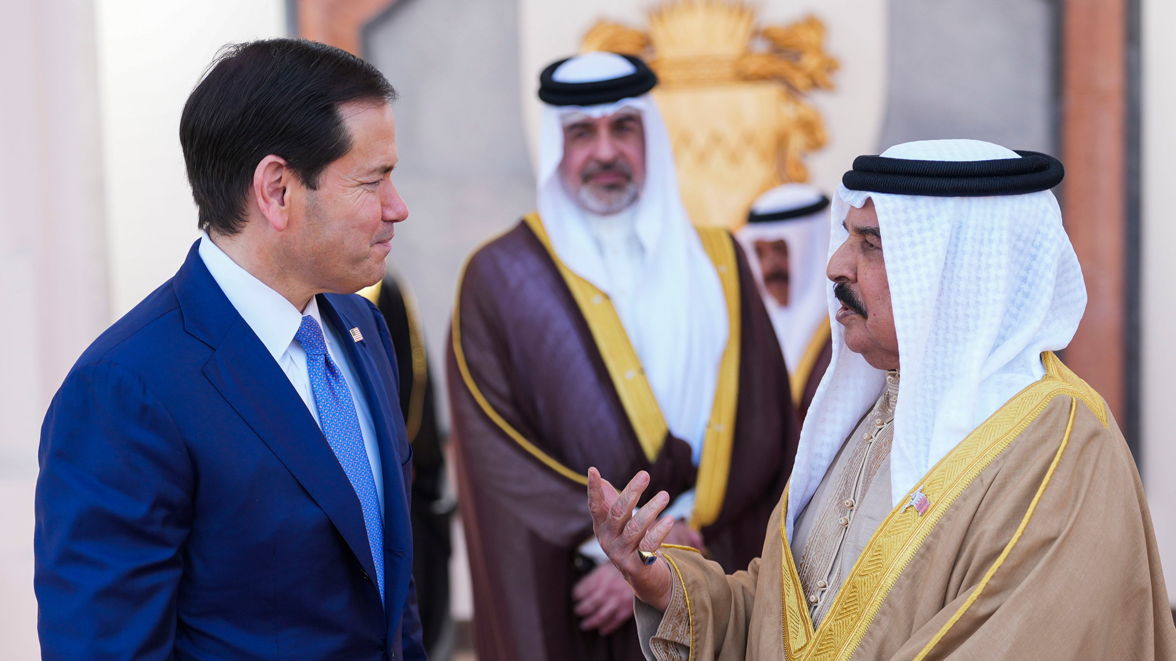 U.S. Secretary of State Marco Rubio, left, and Bahrain's King Hamad bin Isa Al Khalifa share a word after their meeting, at Al-Sakhir Palace near Zallaq, Bahrain Thursday, June 25, 2026. (Eric Lee/Pool Photo via AP)