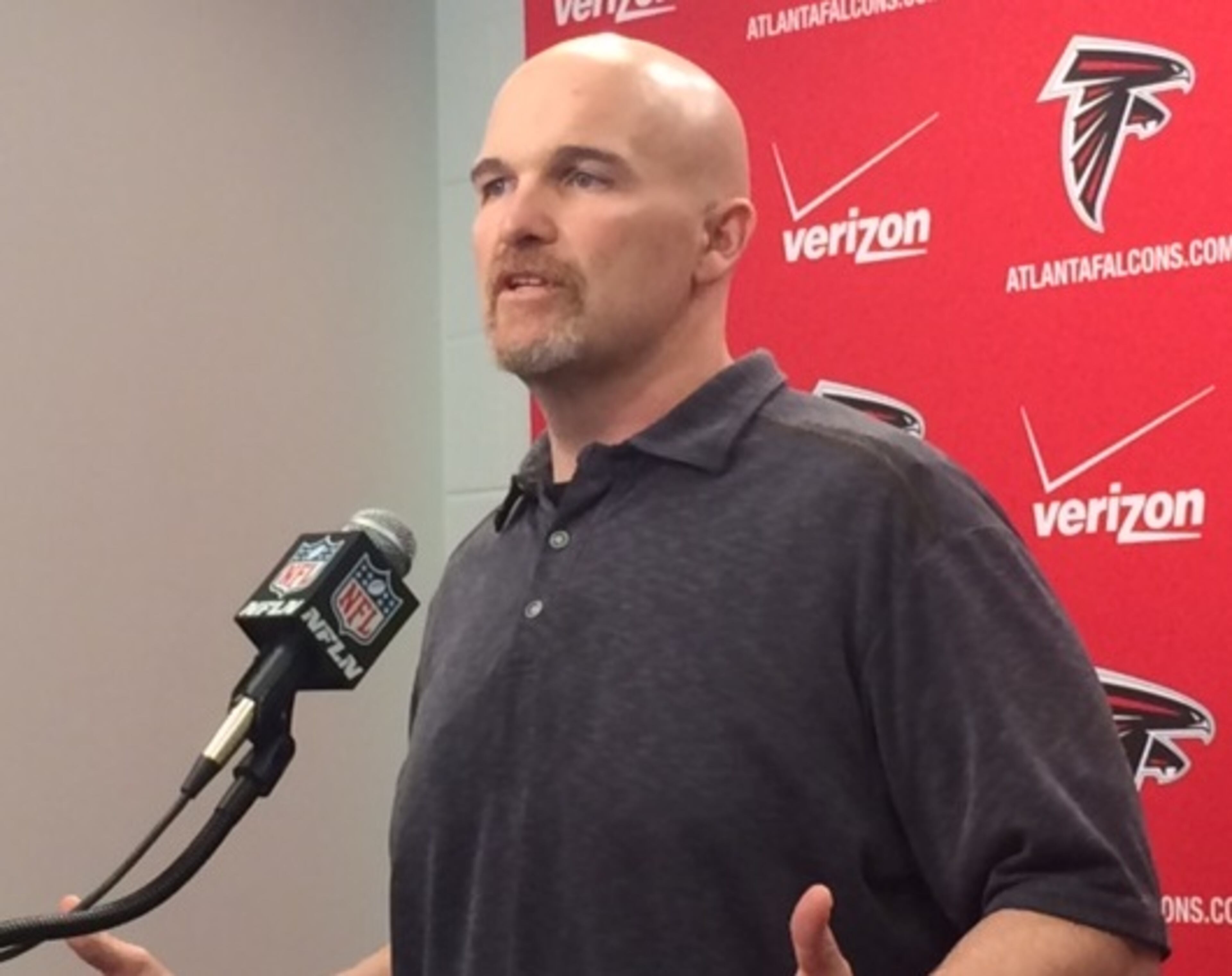 Falcons coach Dan Quinn talking to the media recently. (By D. Orlando Ledbetter/DLedbetter@ajc.com)