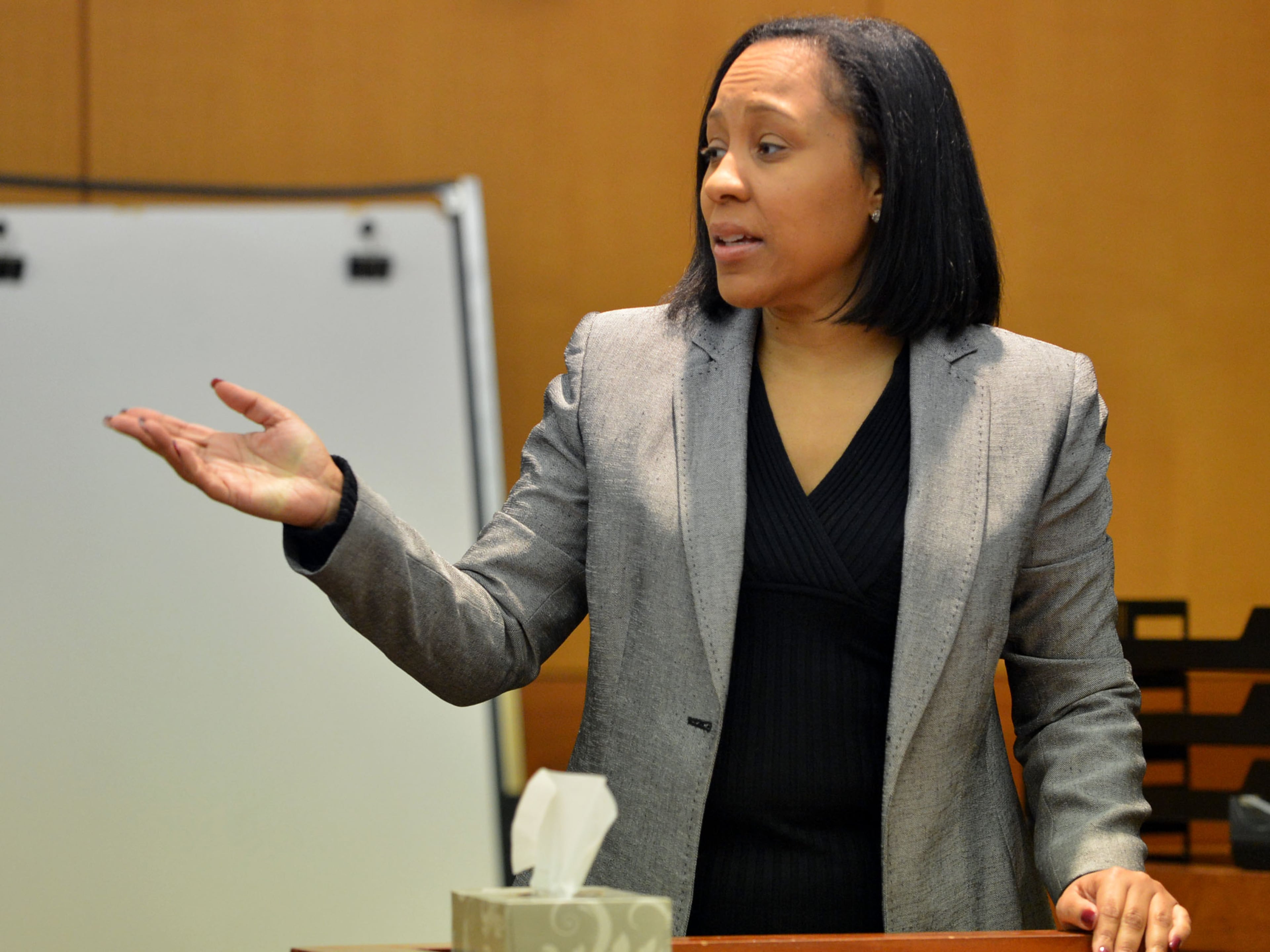 Fulton prosecutor Fani Willis gives details of the plea agreement on Monday, Feb. 17, 2014. Millicent Few is the highest-ranking educator to admit wrongdoing in the widespread cheating case. Under an agreement with prosecutors, Few pleaded guilty to a reduced misdemeanor charge and will cooperate in the ongoing case against the remaining defendants accused of conspiring to cheat, including former Superintendent Beverly Hall.