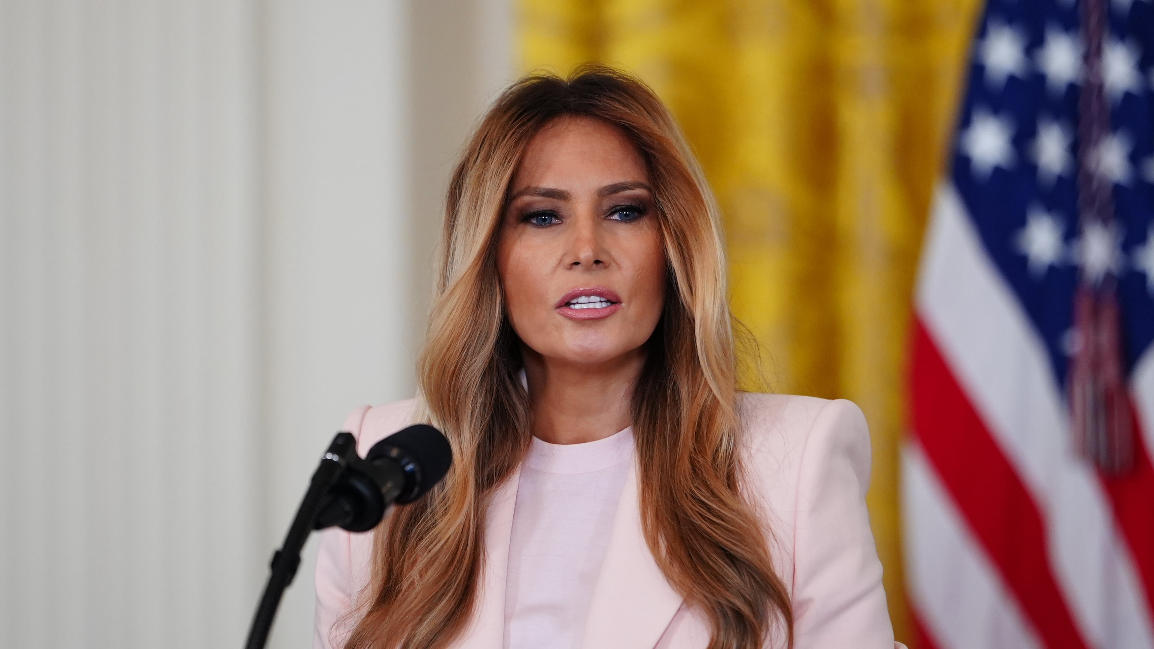 First lady Melania Trump speaks during an event for military mothers in the East Room of the White House, Wednesday, May 6, 2026, in Washington. (AP Photo/Julia Demaree Nikhinson)