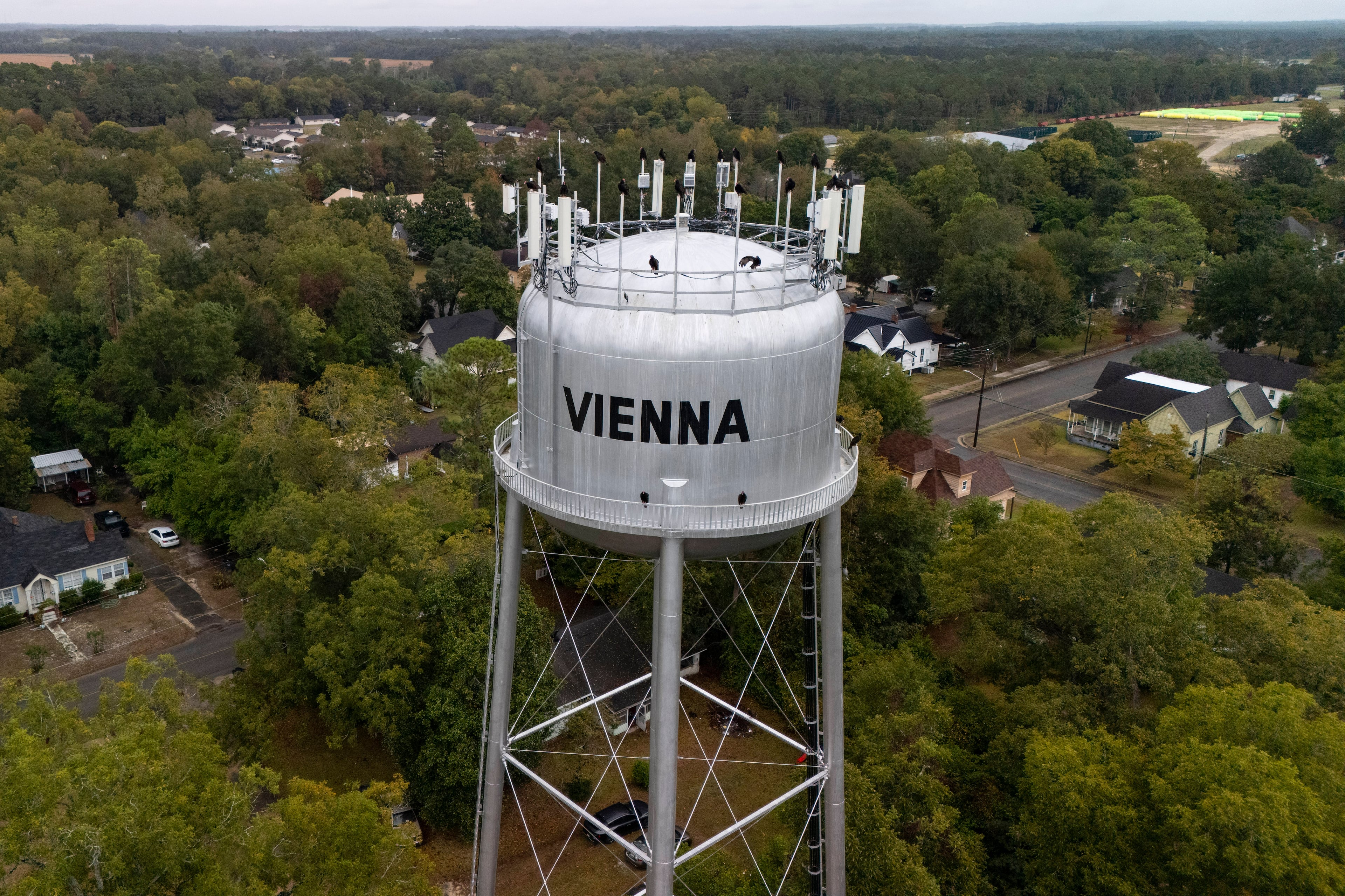 A water tower is seen as investigators work the scene of a mass shooting where at least two people died and 35 were injured when struck by bullets Sunday morning, according to the Georgia Bureau of Investigation, Sunday, Oct. 4, 2026, in Vienna, Ga. (Mike Stewart/AP)
