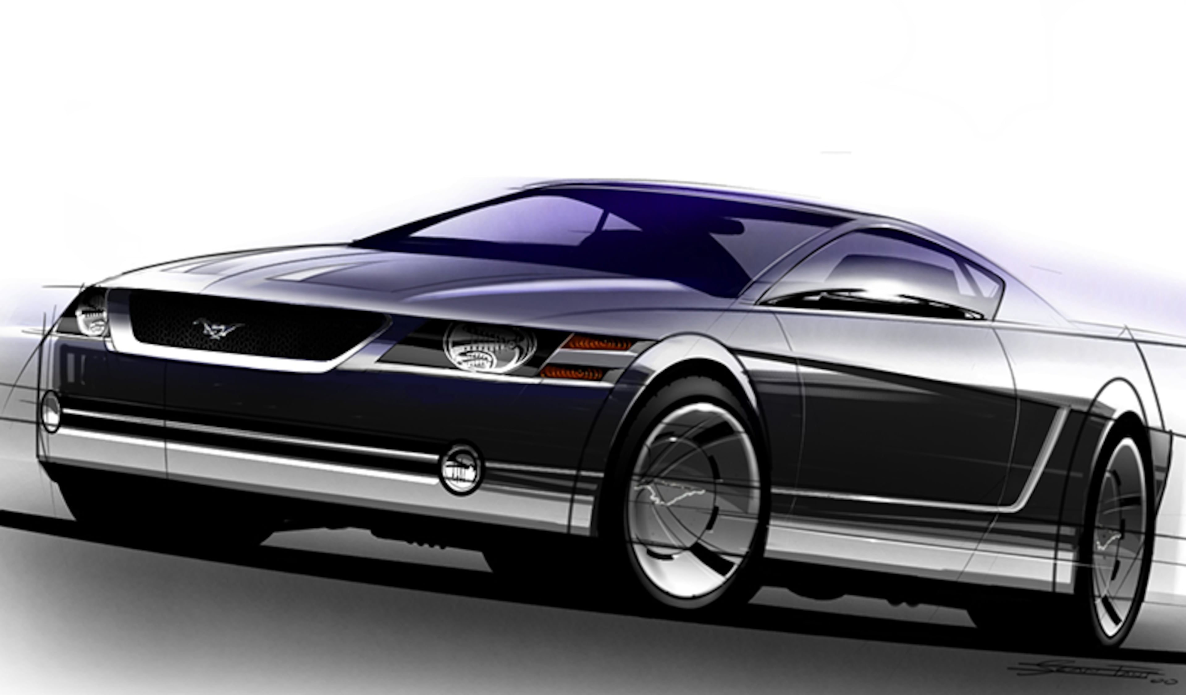A theme sketch that much more an evolution of the New-Edge 1999 production Mustang but with large round headlamps.
