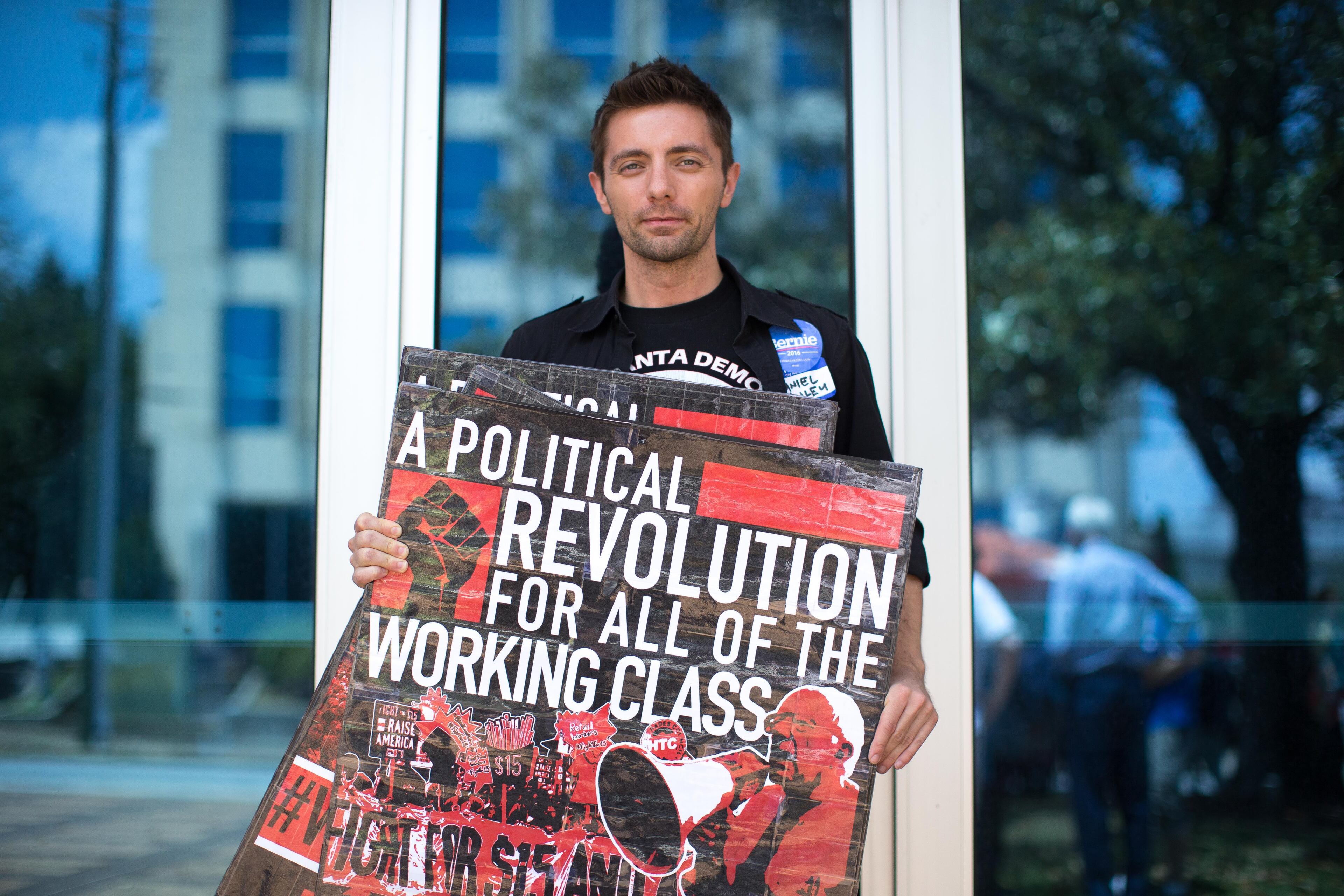 Daniel Hanley, who's running to be an alternate delegate for Democratic presidential candidate Bernie Sanders, poses for a photo at the IBEW Local 613 Auditorium, Saturday, June 11, 2016, in Atlanta. Members of the Georgia Democratic Party gathered to elect at-large and alternate delegates to the Democratic National Convention in Philadelphia. BRANDEN CAMP/SPECIAL