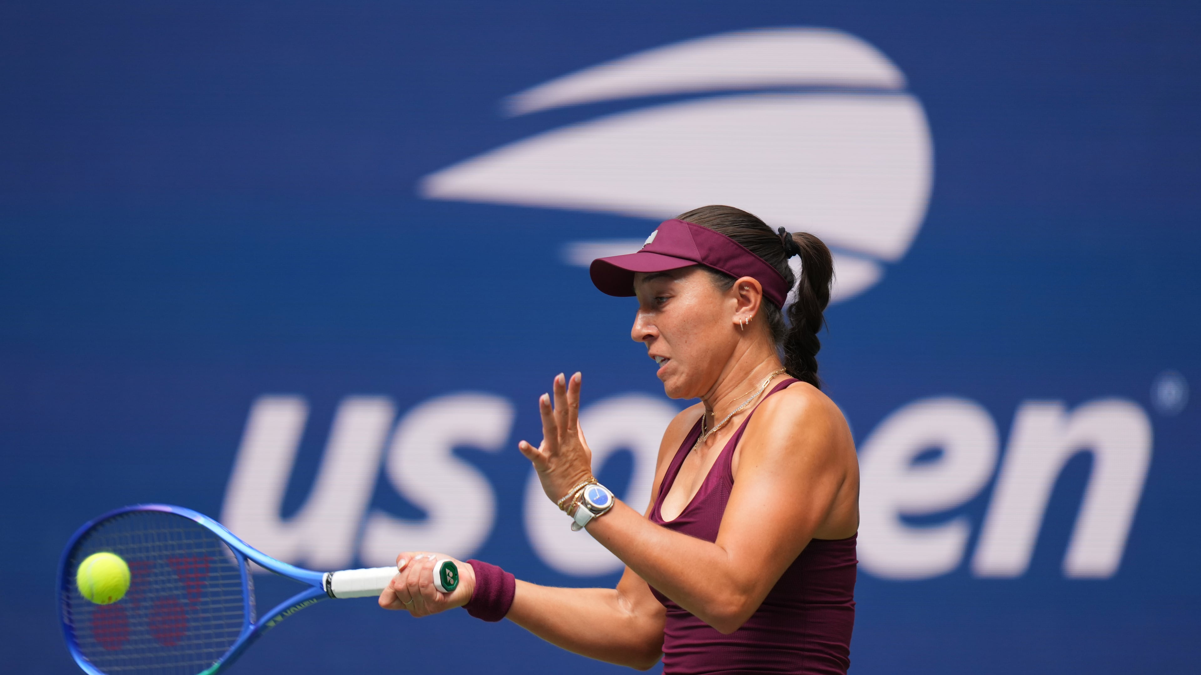 Jessica Pegula, of the United States, returns the ball to Elena-Gabriela Ruse, of Romania, during the first round of the U.S. Open tennis championships Sunday, Aug. 30, 2026, in New York. (AP Photo/Kirsty Wigglesworth)