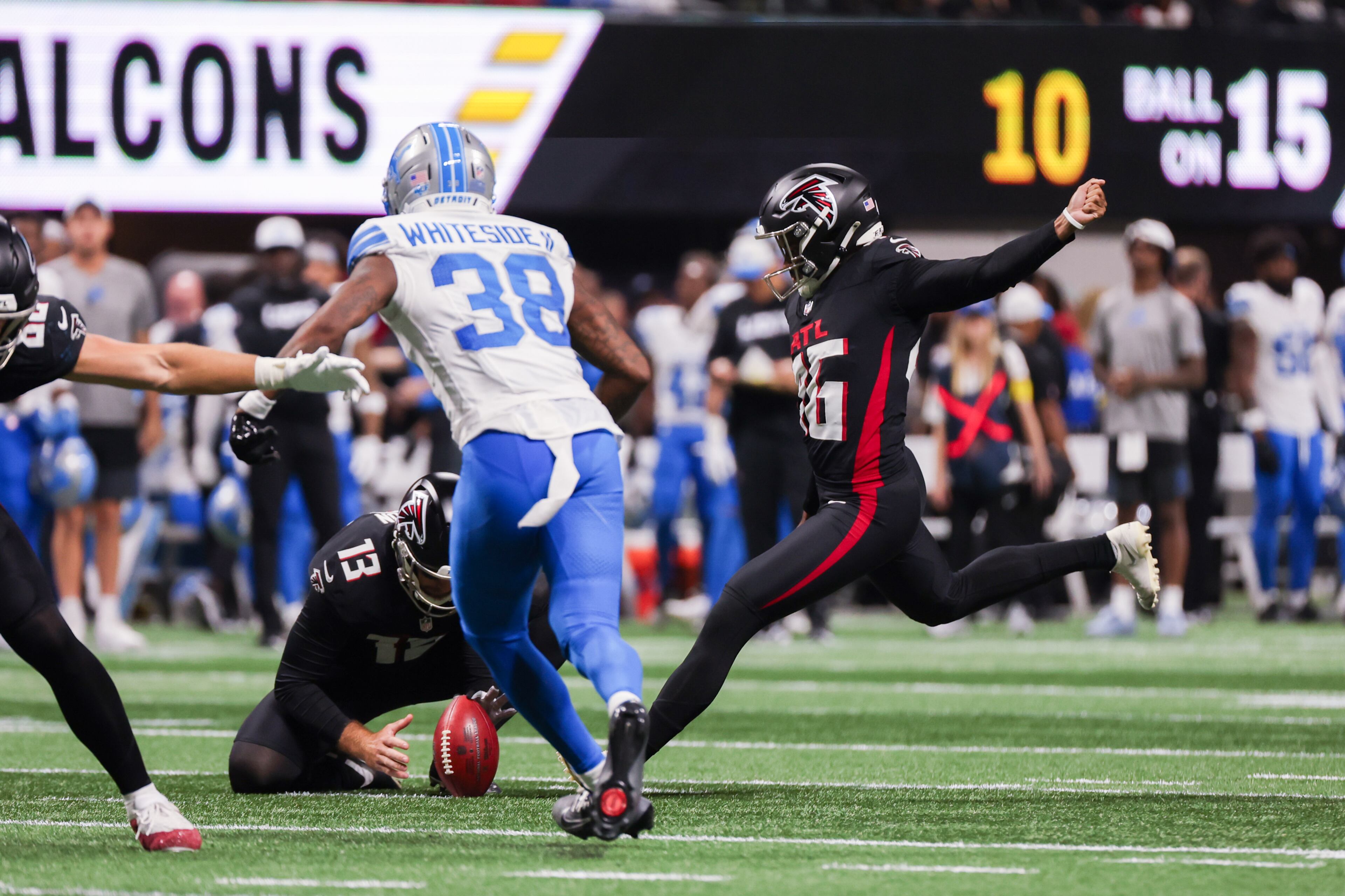 Atlanta Falcons place kicker Lenny Krieg (46) makes a field goal after a touchdown during the first half of an NFL preseason game against the Detroit Lions at Mercedes-Benz Stadium in Atlanta on Friday, August 8, 2025. (Arvin Temkar / AJC)