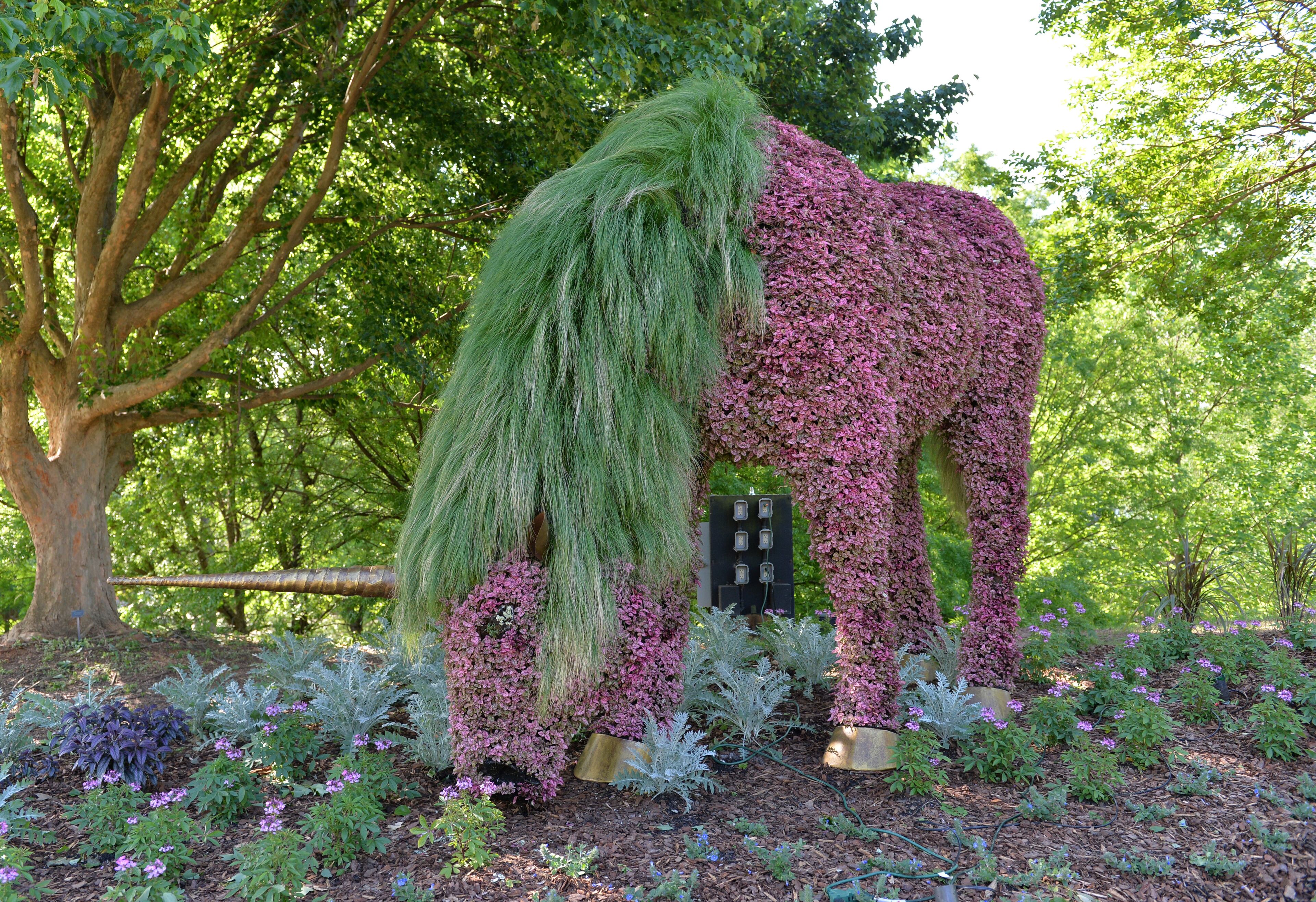 The unicorn is back at "Imaginary Worlds, " an enhanced and expanded encore of last summer's hit outdoor exhibit at the Atlanta Botanical Garden, on Thursday, May 1, 2014. HYOSUB SHIN / HSHIN@AJC.COM