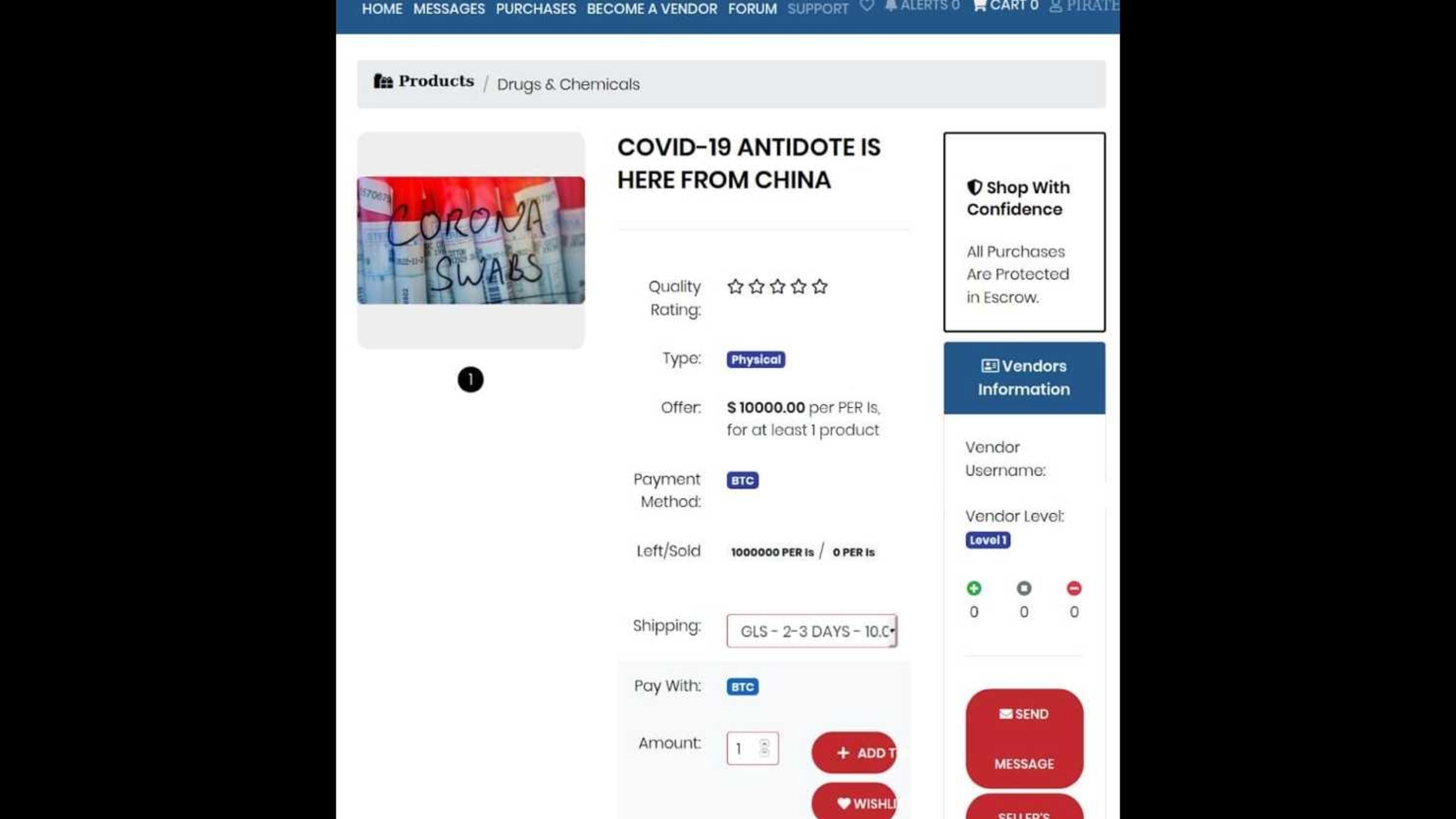 Georgia State University researchers have found items like this on the dark web falsely claiming to have an antidote to COVID-19. Courtesy of Georgia State