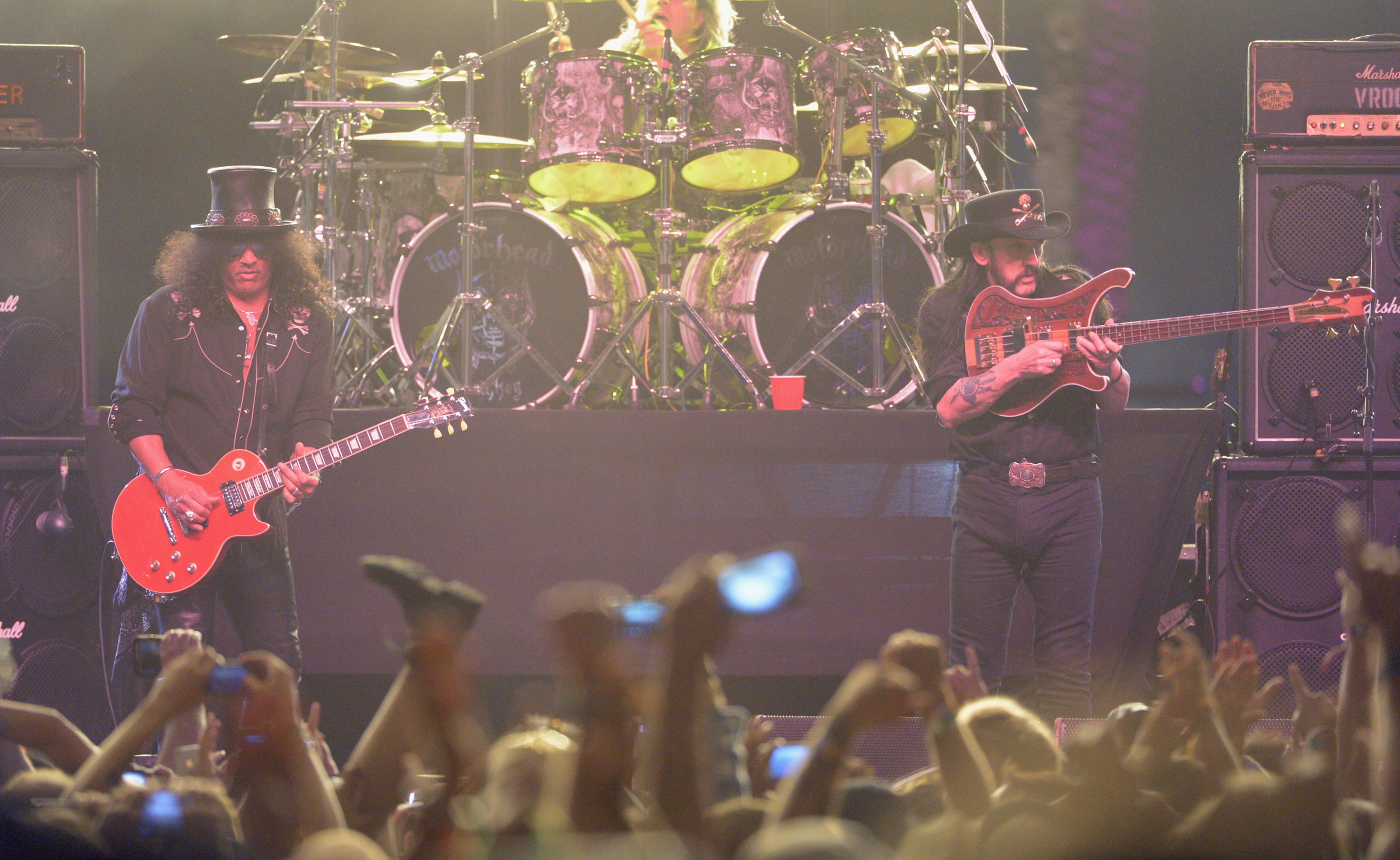 INDIO, CA - APRIL 13: (L-R) Musician Slash performs onstage with Musicians Mikkey Dee and Lemmy Kilmister of Motorhead during day 3 of the 2014 Coachella Valley Music & Arts Festival at the Empire Polo Club on April 13, 2014 in Indio, California. (Photo by Jason Kempin/Getty Images for Coachella)