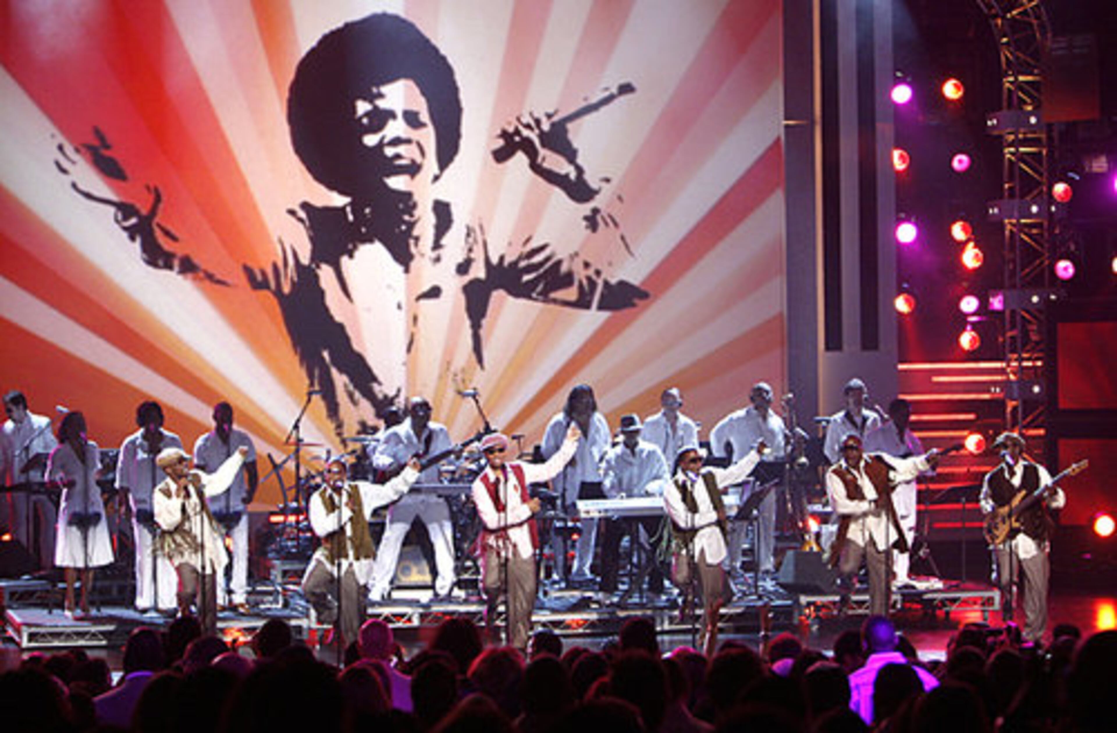 Singers Ralph Tresvant, Michael Bivins, Ronnie DeVoe, Ricky Bell, Bobby Brown and Johnny Gil of the music group New Edition pay tribute to Michael Jackson onstage.