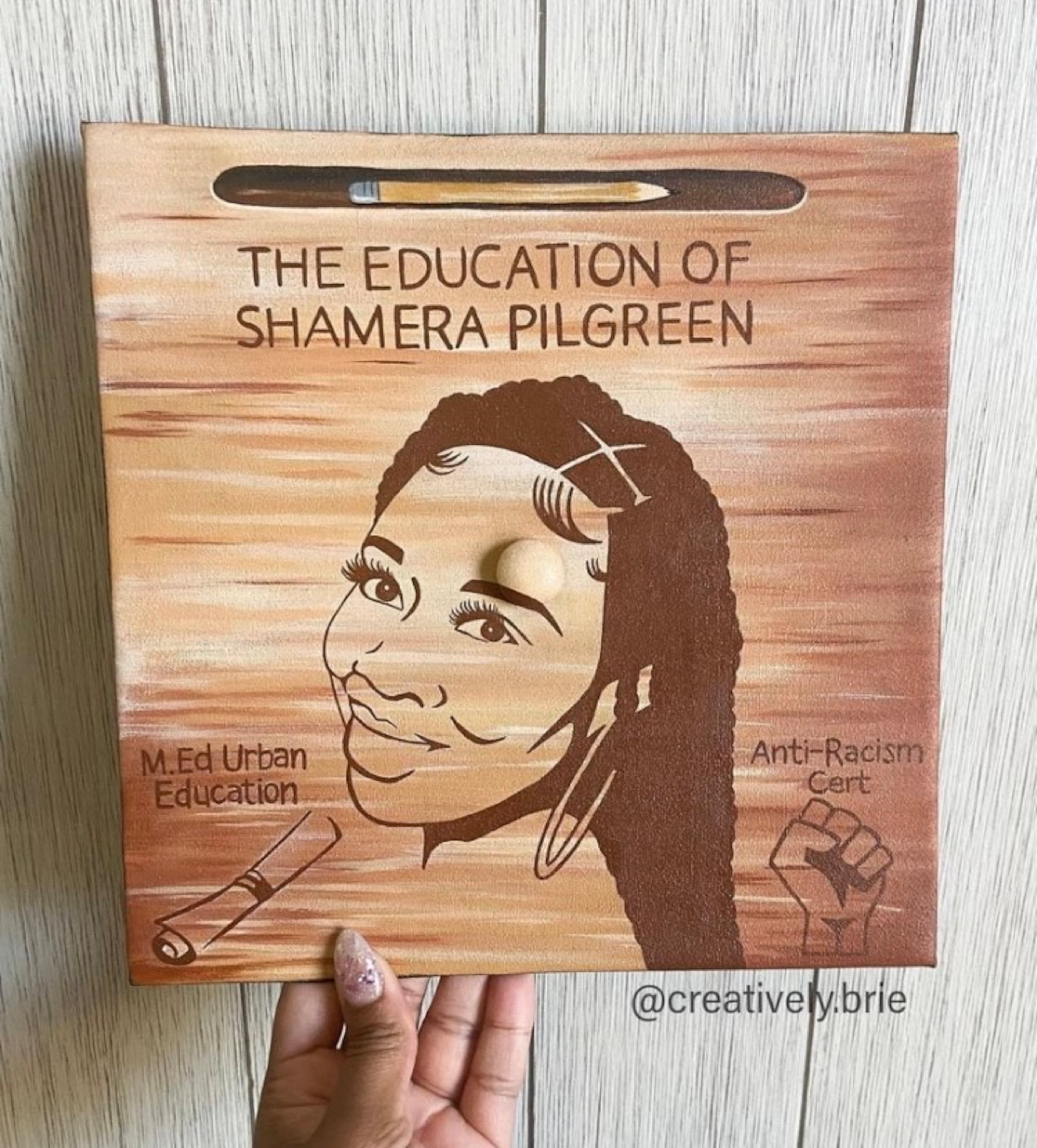 Here are a few more of Bria Bowen's cap creations. Bowen, of Kennesaw, has made a business out of designing and decorating custom graduation caps for students. She often paints portraits of the graduate and features their loved ones, hobbies or career goals. (Courtesy of Bria Bowen)