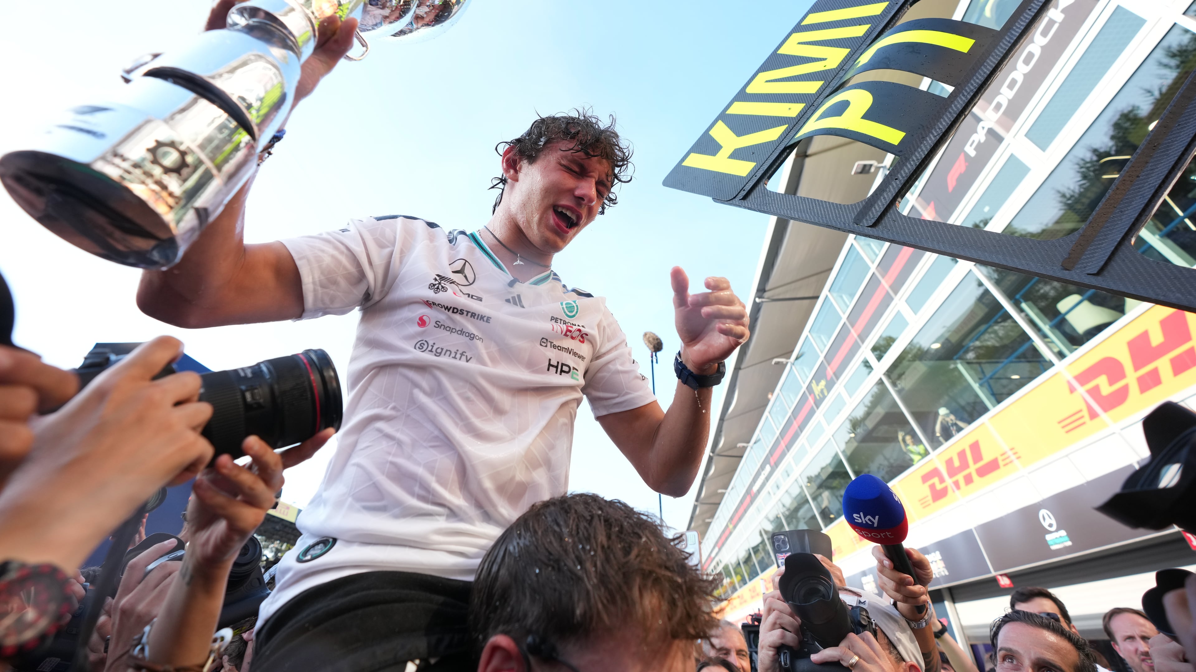 Mercedes driver Mercedes driver Andrea Kimi Antonelli of Italy celebrates after winning the Italian Formula One Grand Prix race, in Monza, Italy, Sunday, Sept. 6, 2026. (AP Photo/Antonio Calanni)