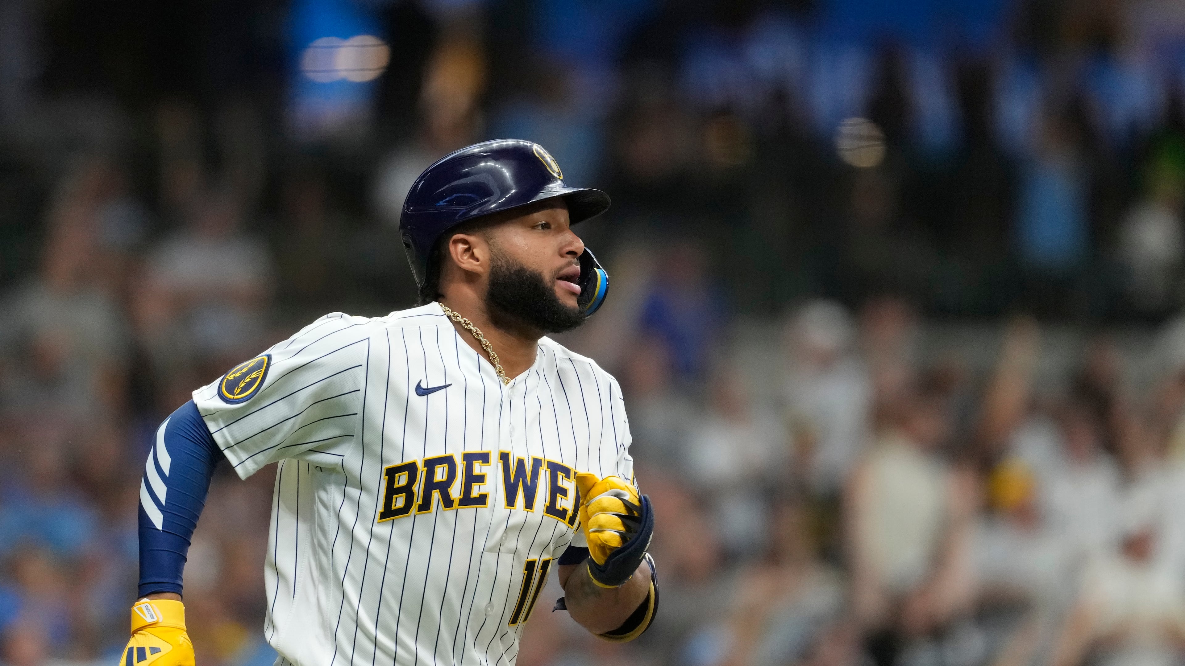 Milwaukee Brewers' Jackson Chourio rounds the bases after hitting a solo home run during the first inning of a baseball game against the Texas Rangers, Saturday, Aug. 29, 2026, in Milwaukee. (AP Photo/Aaron Gash)
