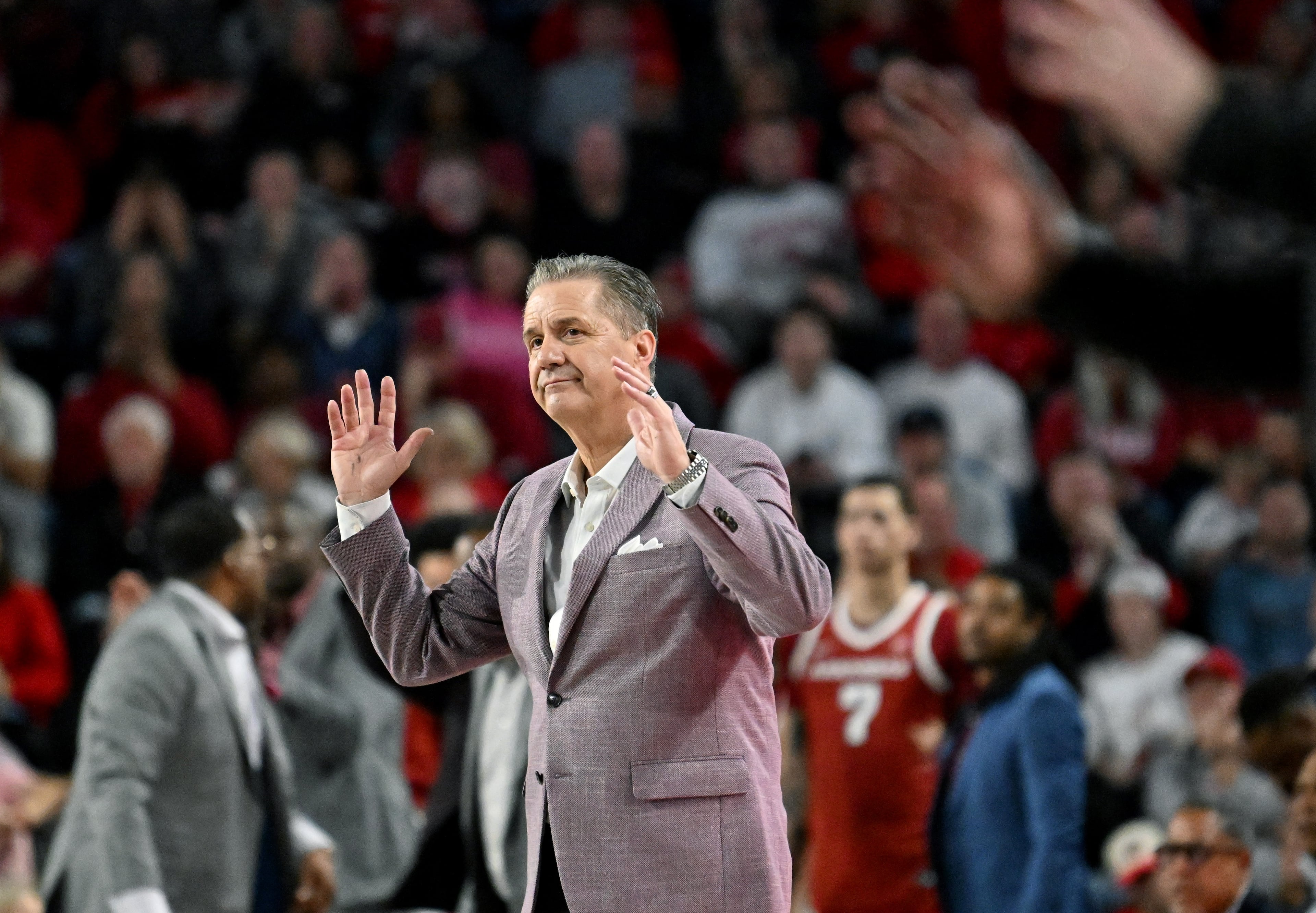 Arkansas head coach John Calipari reacts during the second half in an NCAA college basketball game at Stegeman Coliseum, Saturday, Jan. 17, 2026, in Athens. Georgia won 90-76 over Arkansas. (Hyosub Shin/AJC)