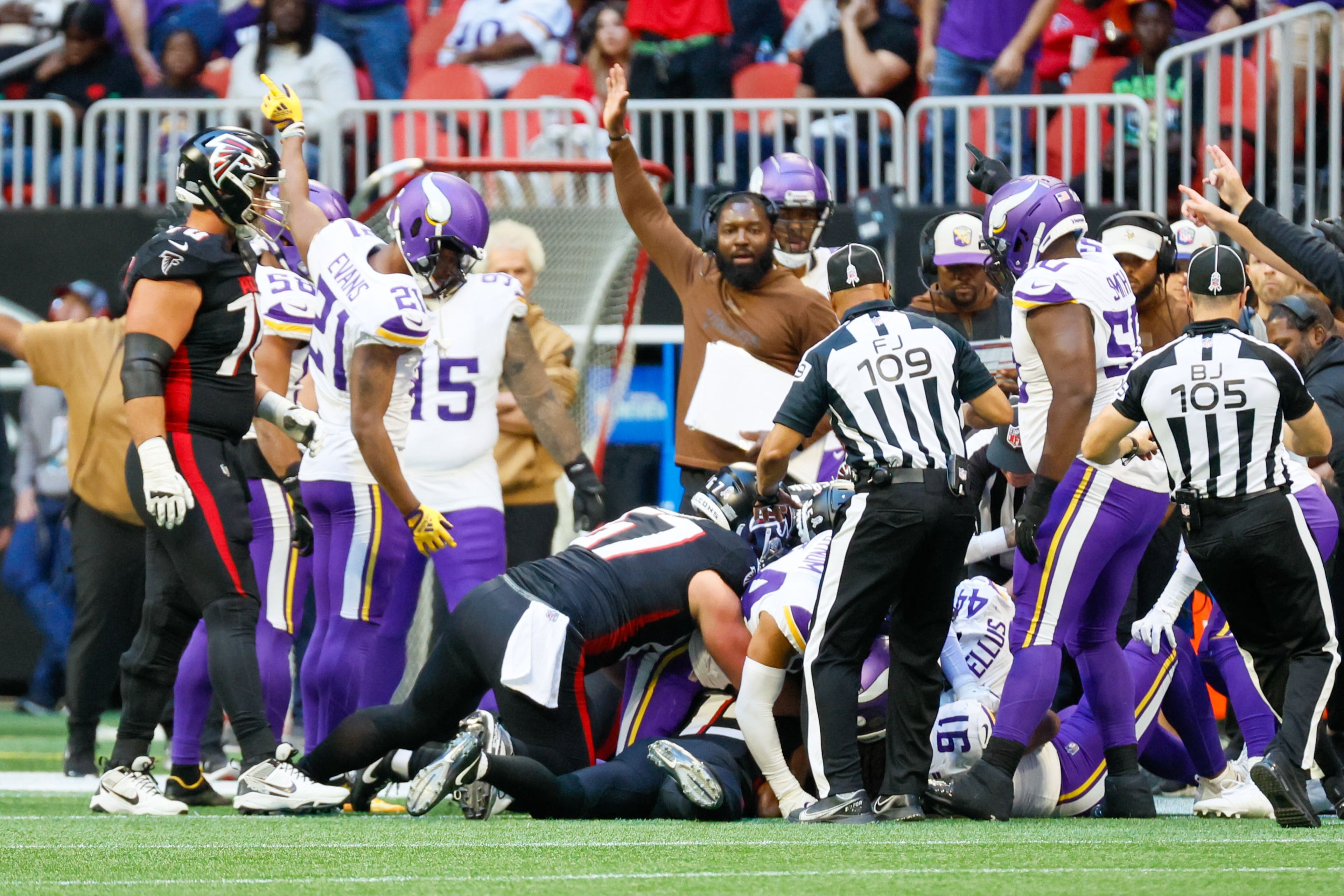 Minnesota players react after recovering a fumble from Falcons running back Bijan Robinson during the second half on Sunday, Nov. 5, 2023, at Mercedes-Benz Stadium in Atlanta.
Miguel Martinez/miguel.martinezjimenez@ajc.com