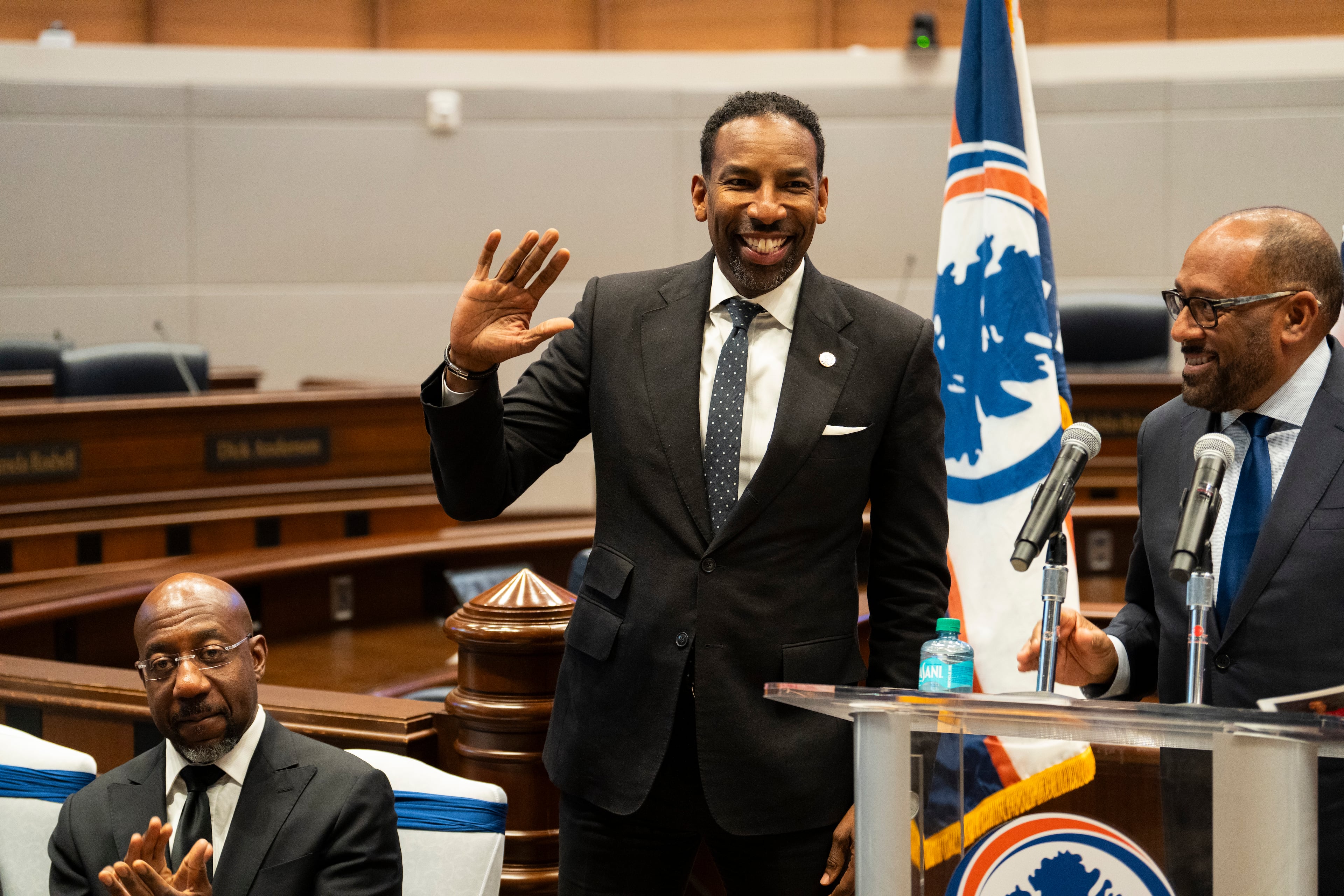 Atlanta Mayor Andre Dickens makes an appearance at the inauguration ceremony of Commissioner Mo Ivory in Atlanta, Georgia on Friday, Jan. 3, 2025. (Olivia Bowdoin for the AJC).