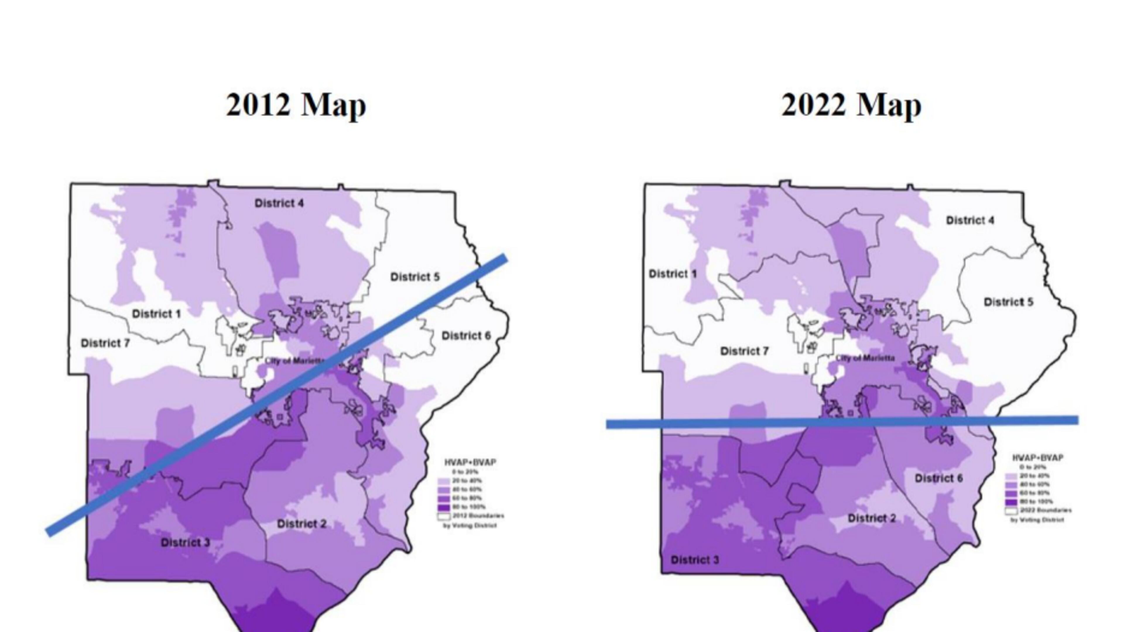 This image, taken from court documents in the redistricting lawsuit, shows that the Black and Hispanic residents are concentrated in the southern portions of Cobb County. Voting rights groups allege that the new map, on the right, confines those residents into three voting districts.