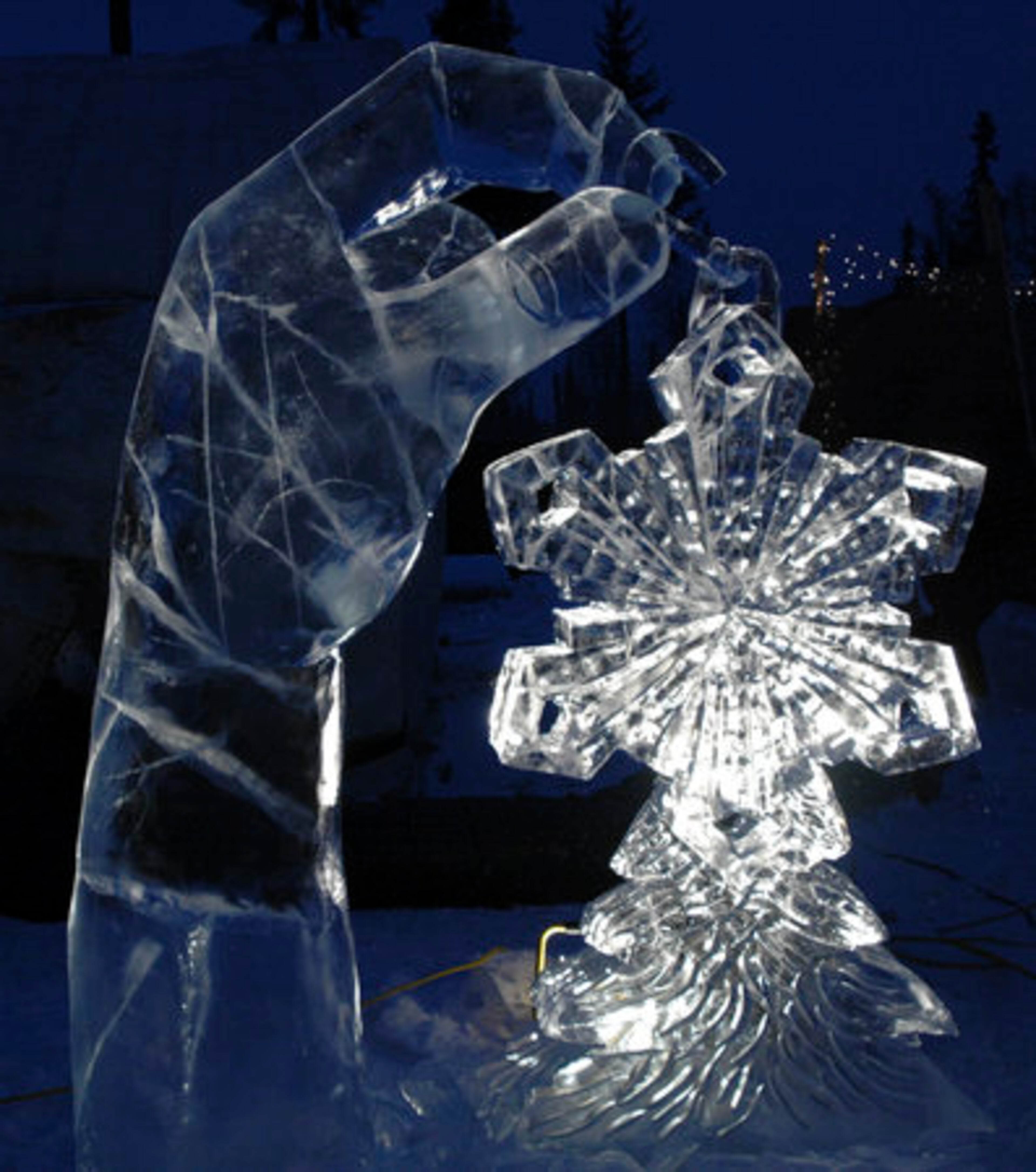 NORTH POLE, ALASKA: One of the big draws here is North Pole Christmas in Ice, an ice festival and sculpting competition. This sculpture is titled "Trimming the Tree" by Sam Vose.