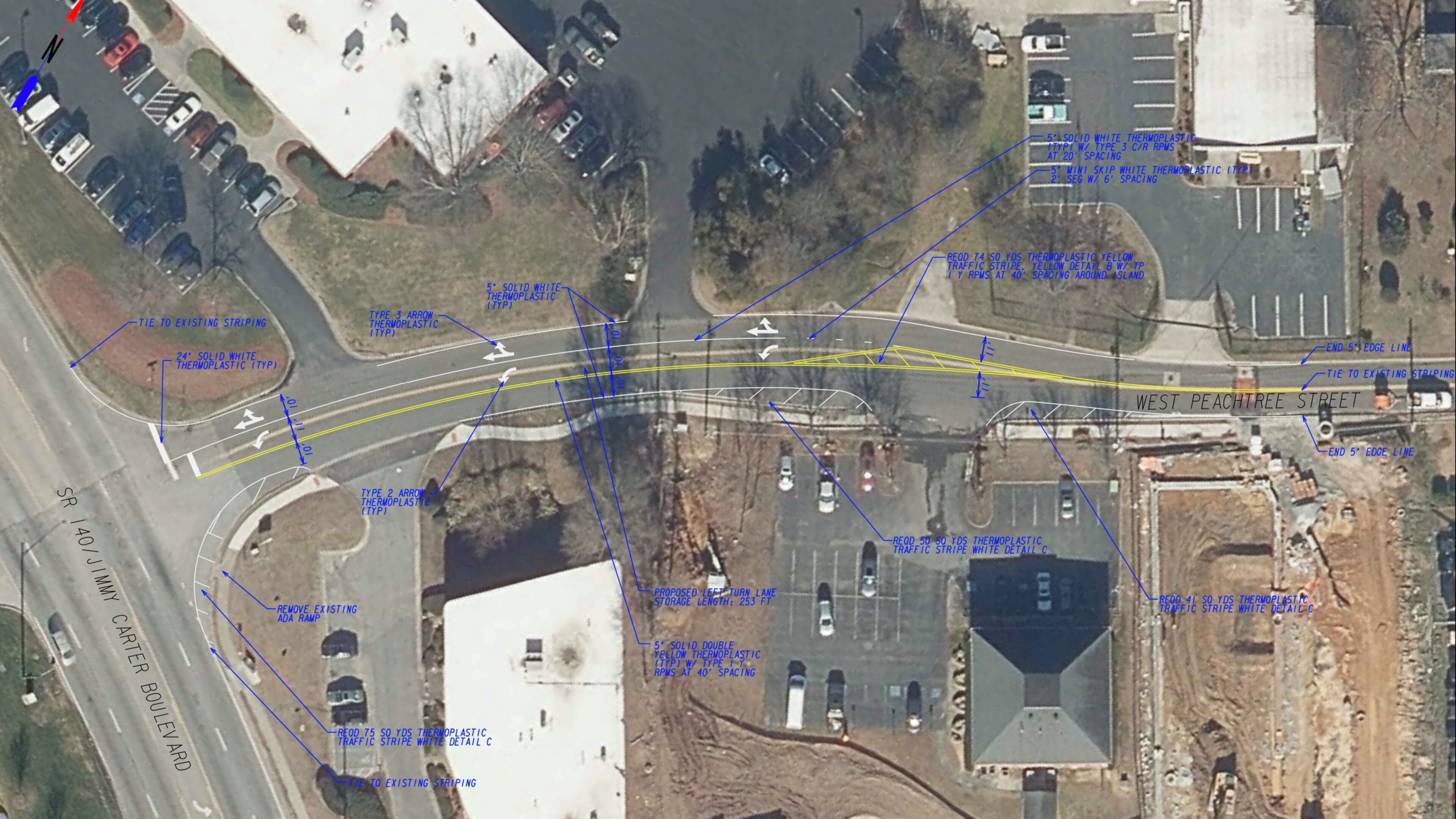 New striping and directional arrows clearly divide the roadway and help establish the beginning of a left turn lane from West Peachtree Street onto Jimmy Carter Boulevard in Norcross. (Courtesy Ccity of Norcross)