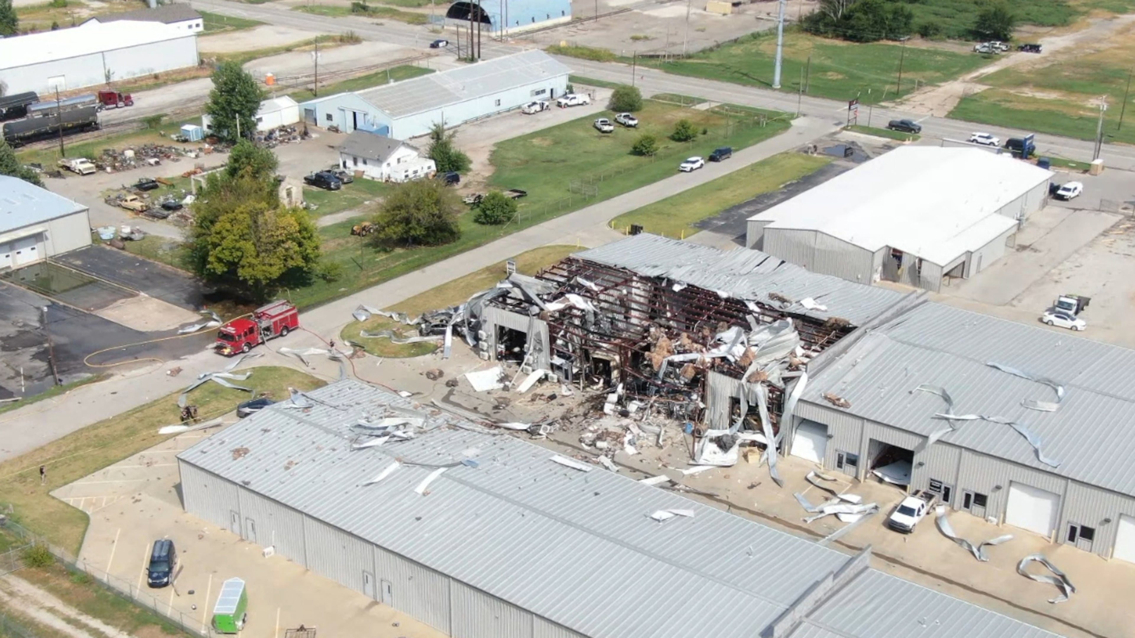 In this image taken from video provided by KFOR, authorities work the scene of a building explosion in Sand Springs, Okla., Thursday, Aug. 27, 2026. (KFOR via AP)