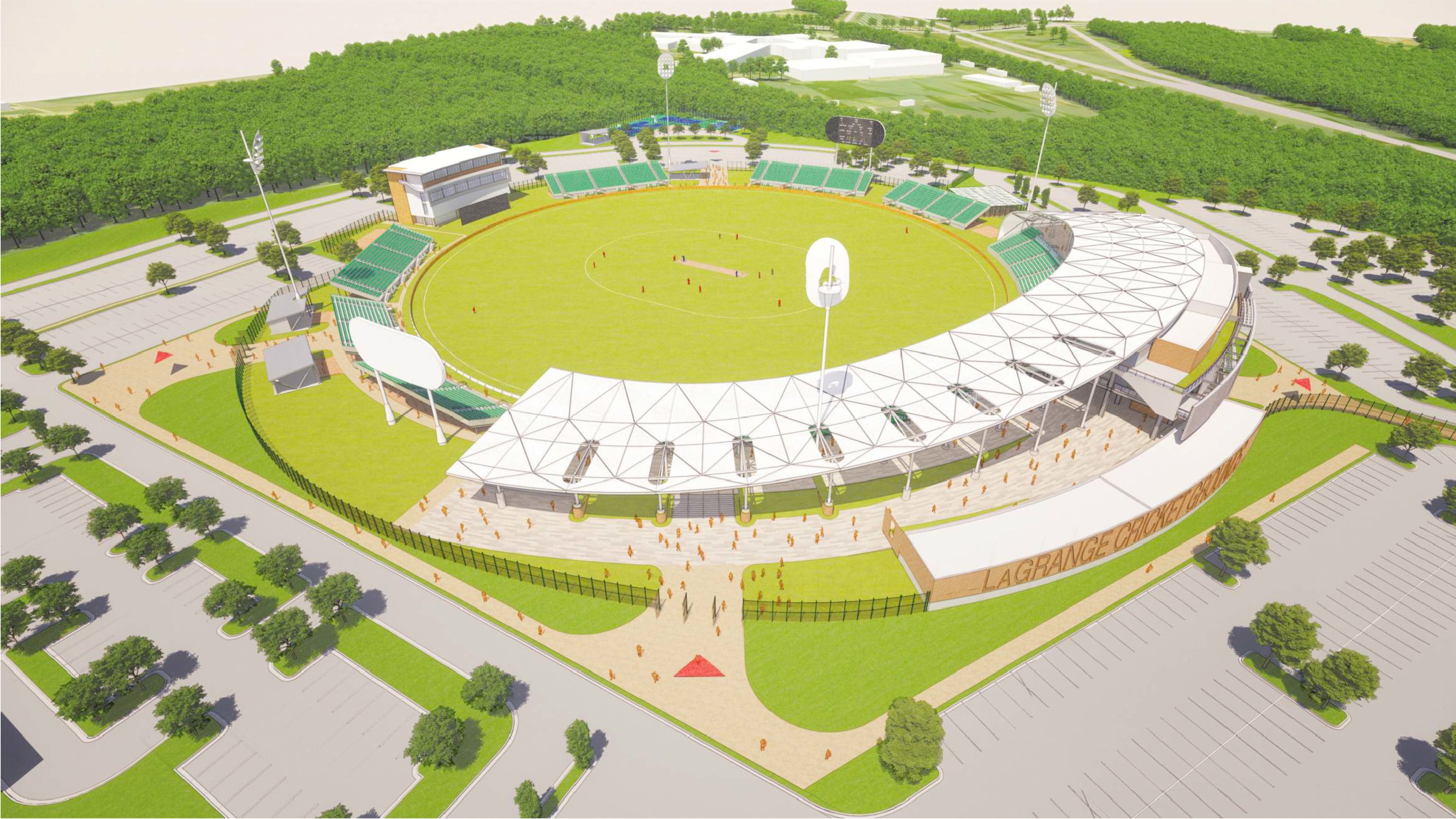 An aerial view rendering of a cricket stadium proposed in LaGrange. (Courtesy of TVS)