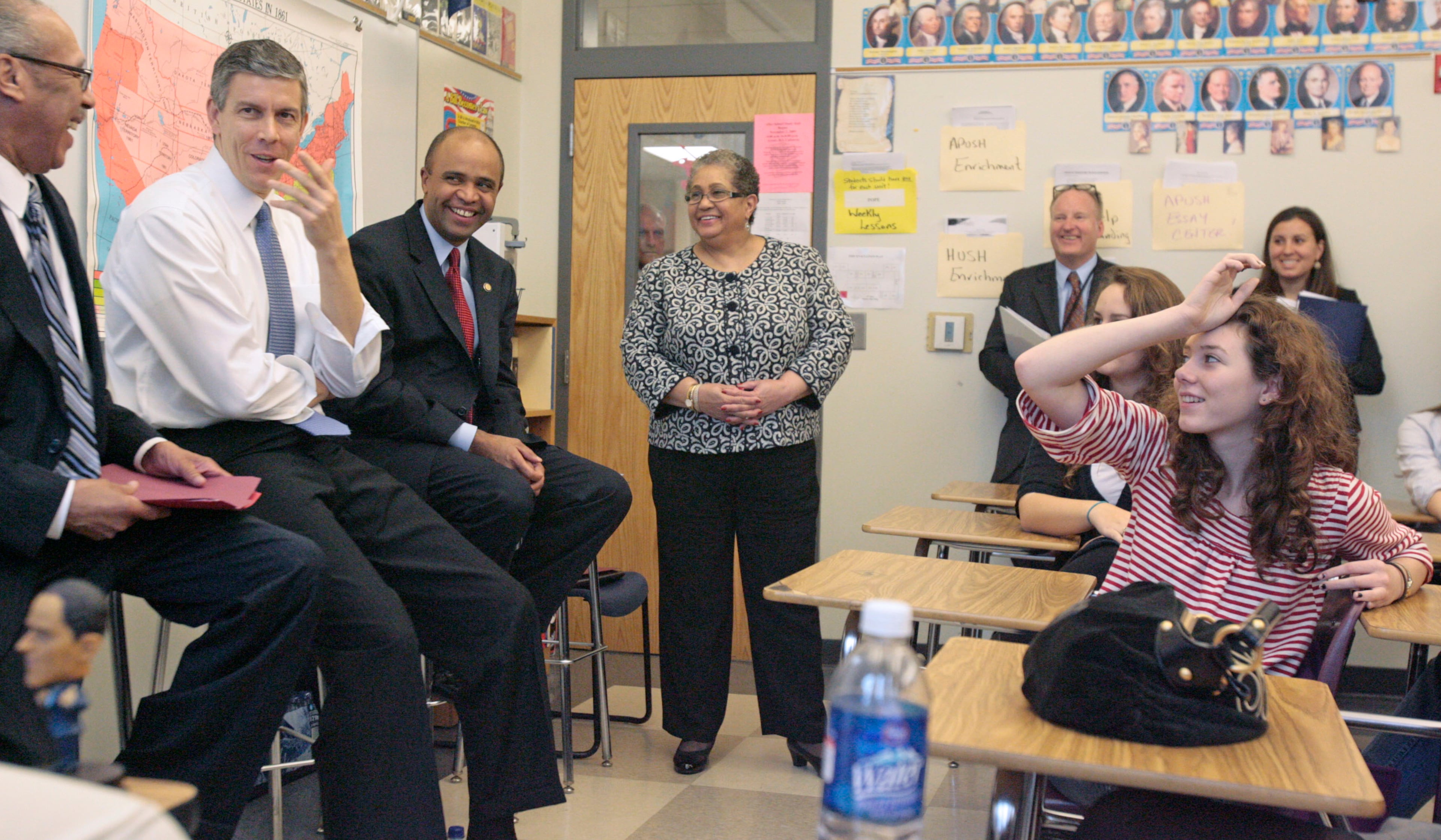 Grady principal Dr. Vincent Murray, Arne Duncan, Adolfo Carrion and Beverly Hall listen to a discussion of the Social Diversity Club during his visit to Grady High School in Atlanta. Student at right is Alexandra McColl, 16. U.S. Secretary of Education Arne Duncan visited two Atlanta high schools on Monday. He held a "listening and learning" session at Atlanta Tech High School, which is part of a nationwide tour to get local input on education reform. He then attended a discussion at Grady High School with White House Urban Affairs Director Adolfo Carrion about Obama's "Promise Neighborhood" initiative to prevent violence among youth and visited a classroom. Bob Andres, bandres@ajc.com