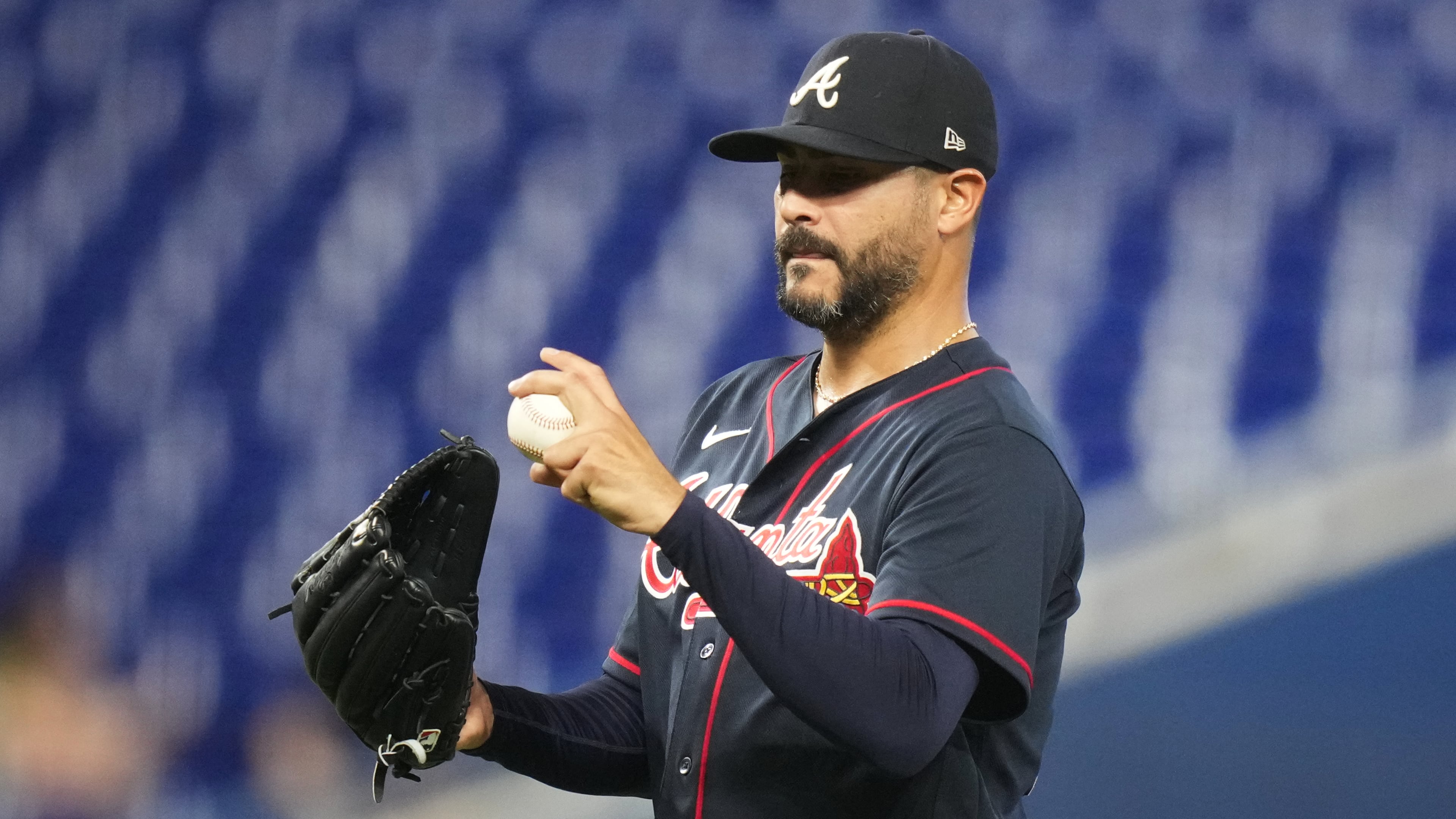 Atlanta Braves starting pitcher Martín Pérez stands on the mound during the first inning of a baseball game against the Miami Marlins, Tuesday, May 19, 2026, in Miami. (Lynne Sladky/AP)