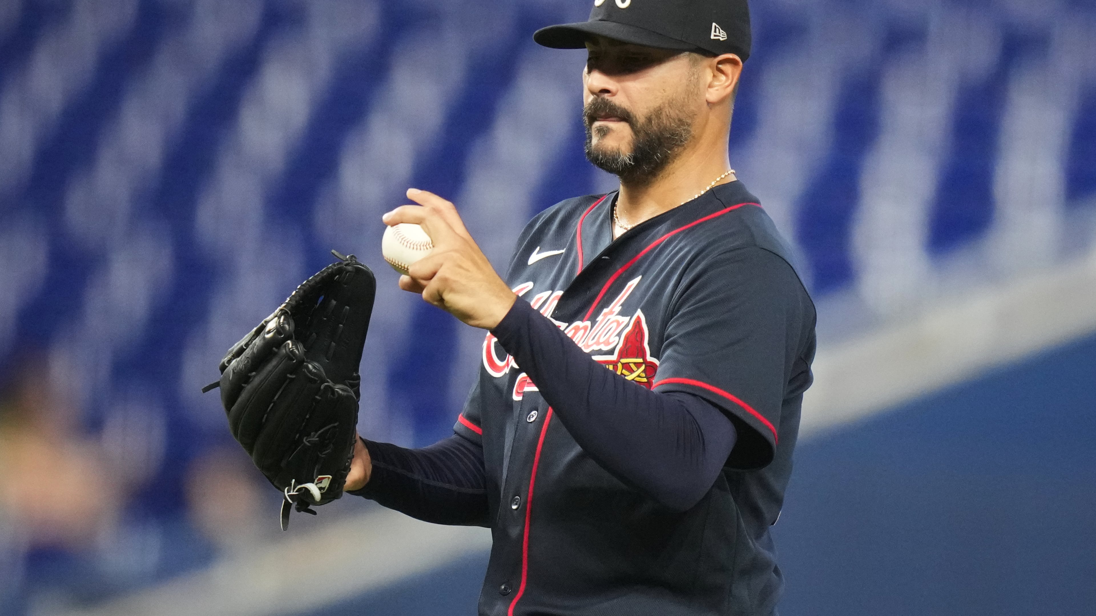 Braves pitcher Martín Pérez, pictured in May in Miami, said his heart and mind are in Venezuela following the devastating June 24 earthquakes. "I’m just gonna say people had to pray for my country because they’re having a hard time now.” (Lynne Sladky/AP)